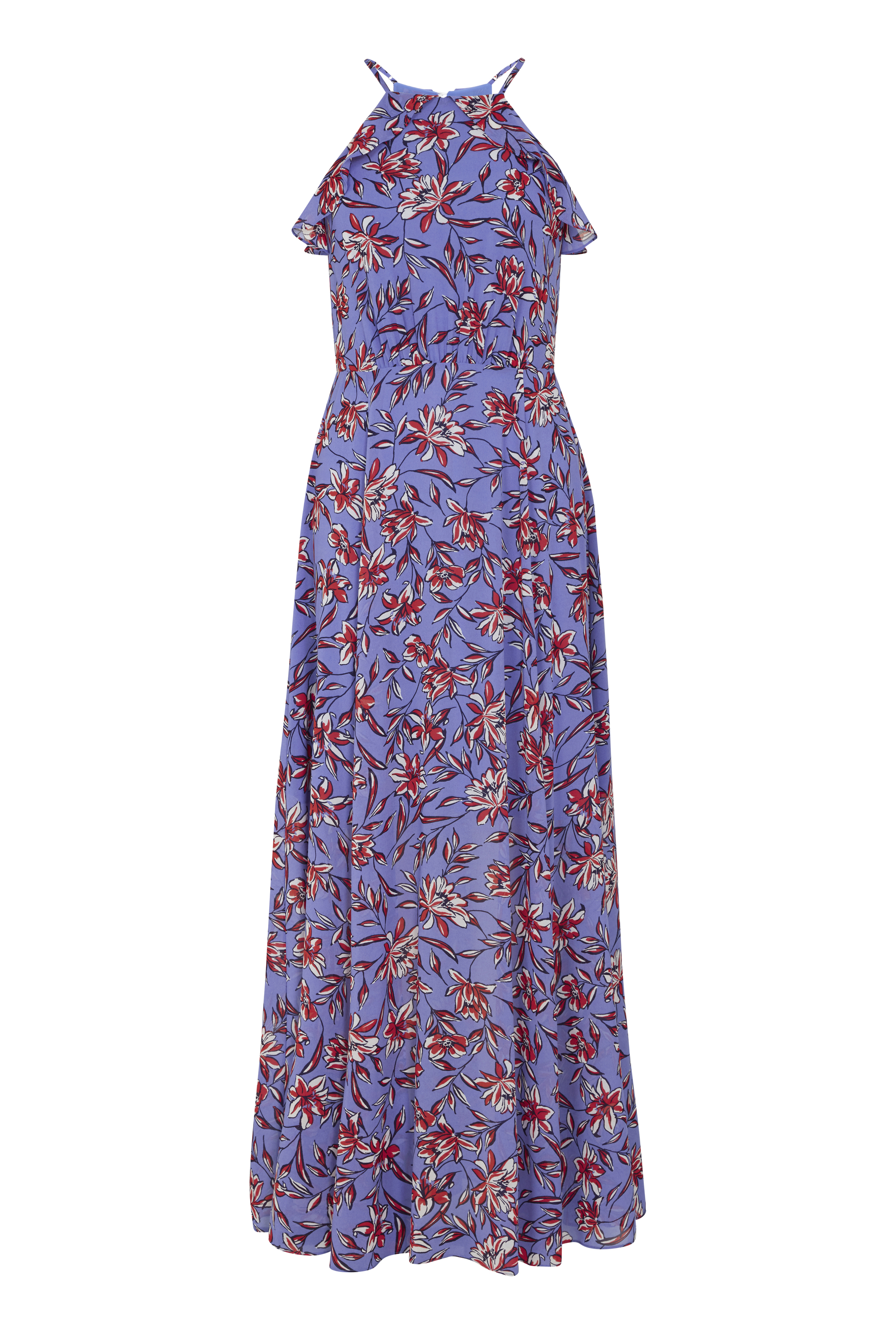 Blue Floral Ruffle Neck Chiffon Maxi Dress | Long Tall Sally
