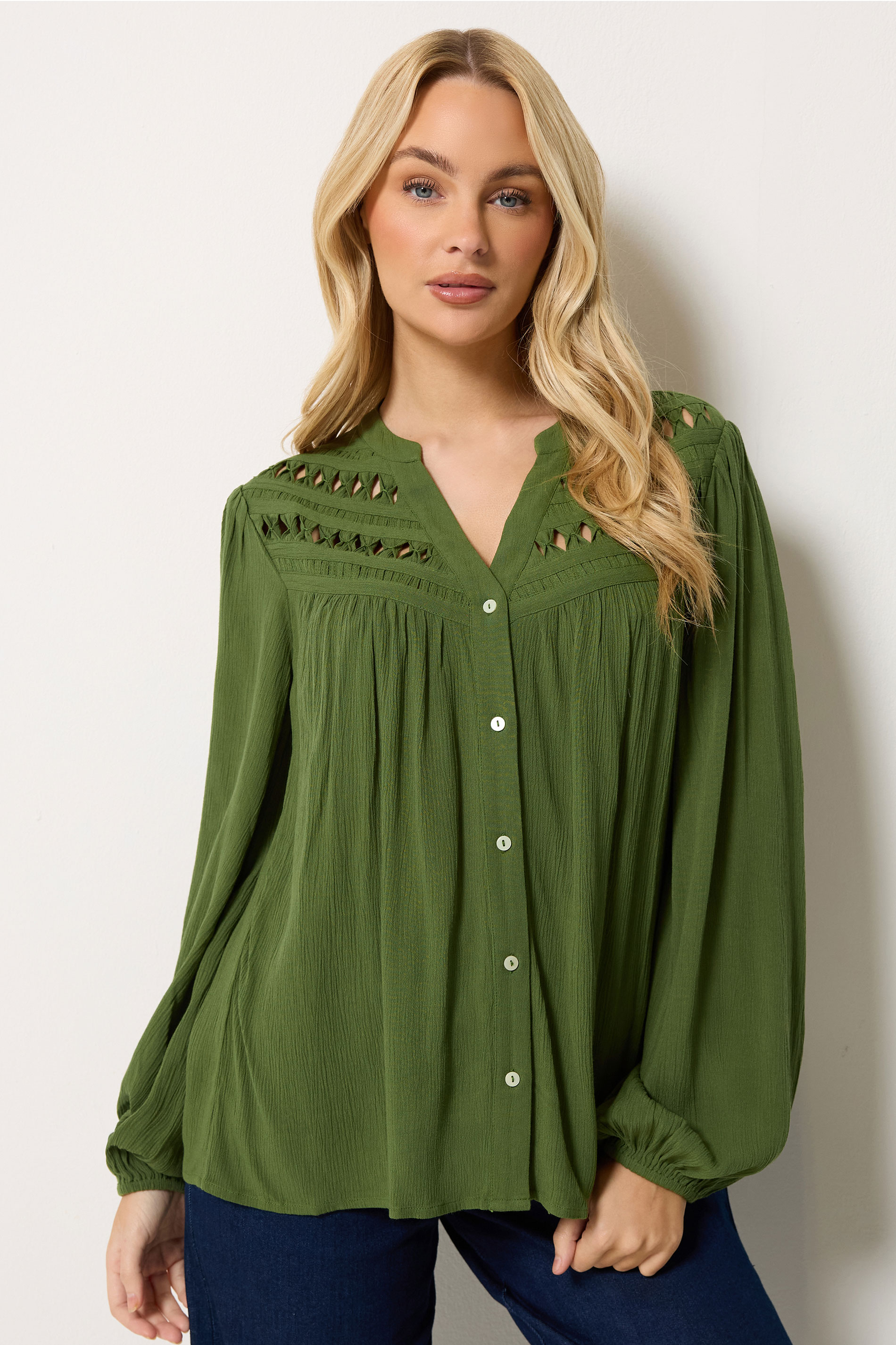 M&Co Khaki Green Crochet Long Sleeve Blouse | M&Co 3