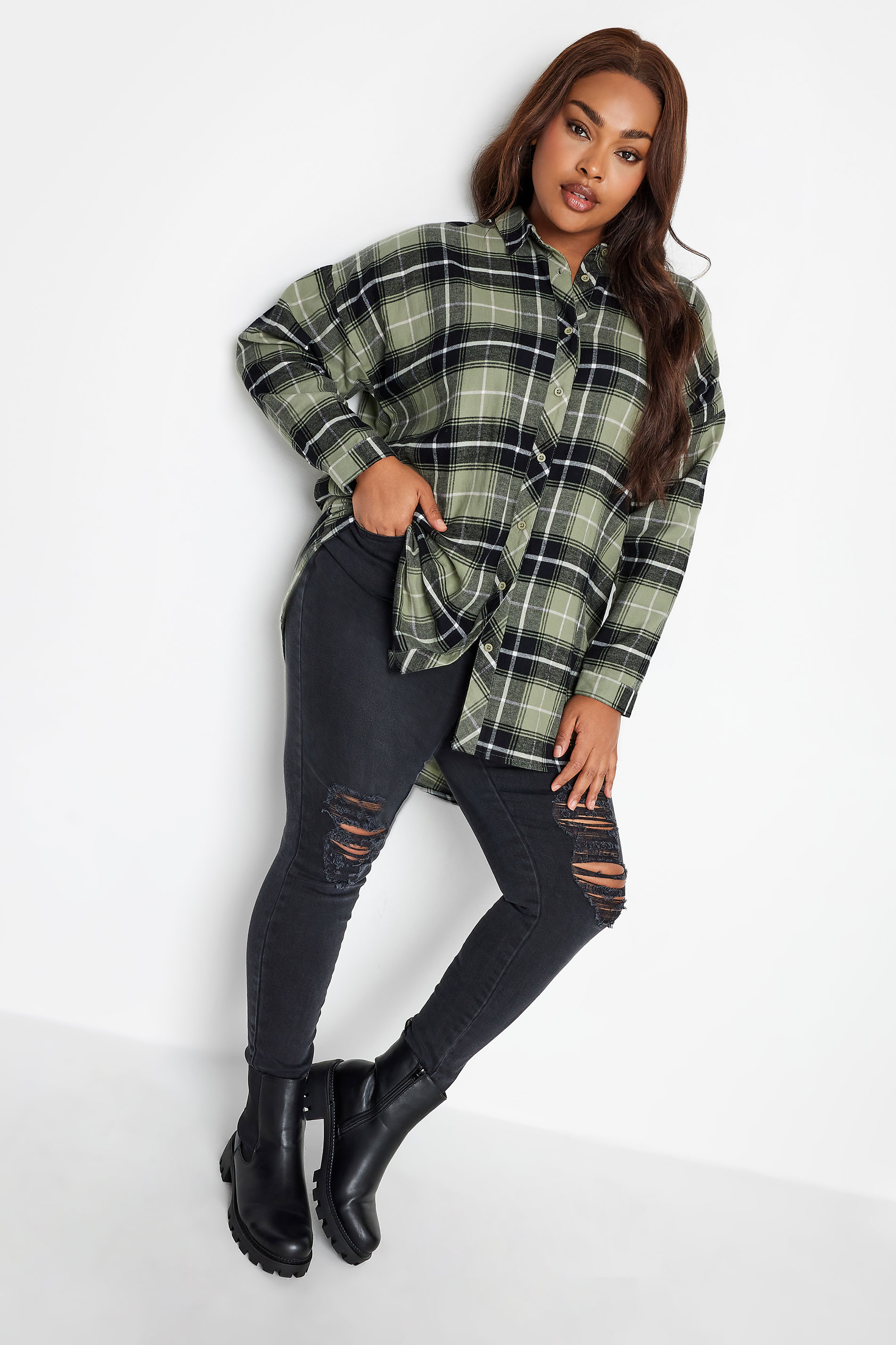 YOURS Plus Size Khaki Green Check Print Oversized Shirt | Yours Clothing 2
