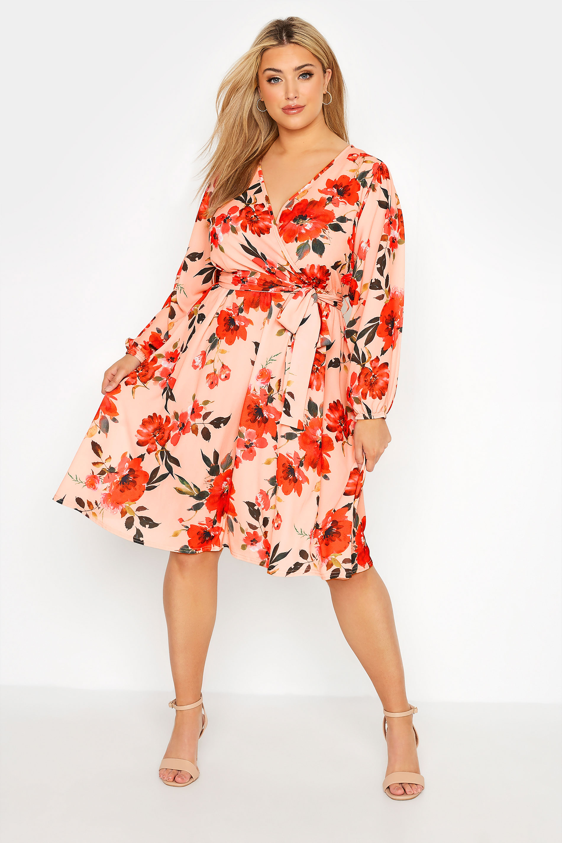 Robes Grande Taille Grande taille  Robes Portefeuilles | YOURS LONDON - Robe Rose Saumon Floral Rouge - HJ40554