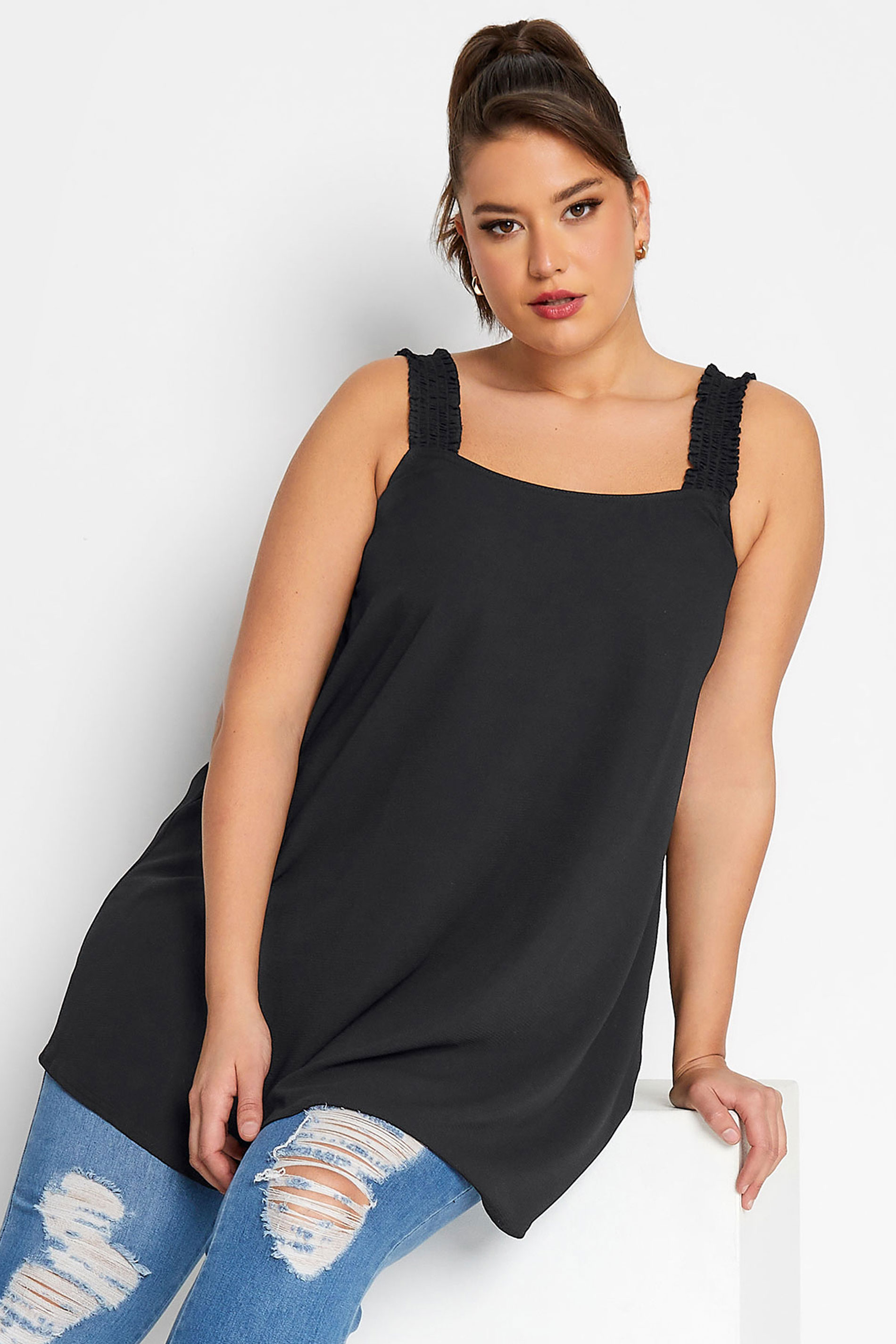 LIMITED COLLECTION Plus Size Black Shirred Strap Cami Vest Top | Yours Clothing 1
