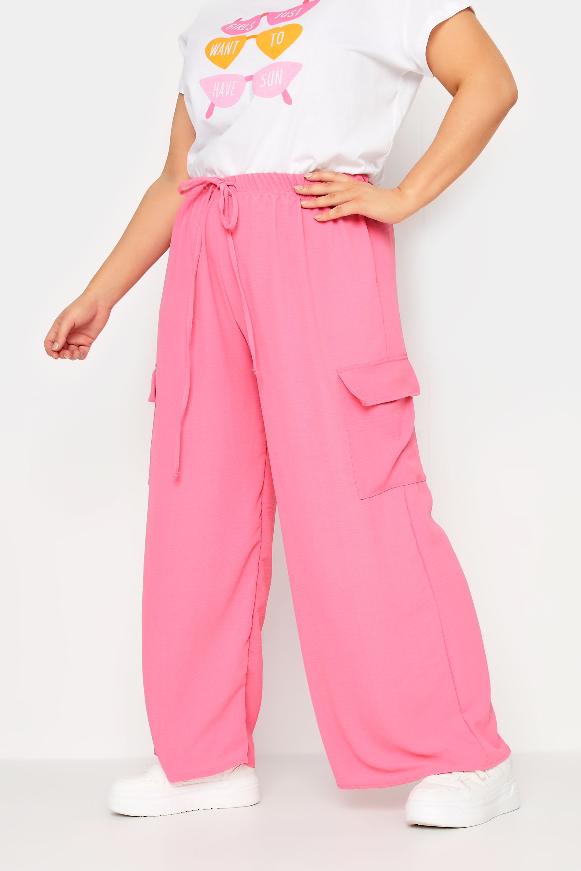 YOURS Plus Size Pink Wide Leg Crepe Cargo Trousers | Yours Clothing 1