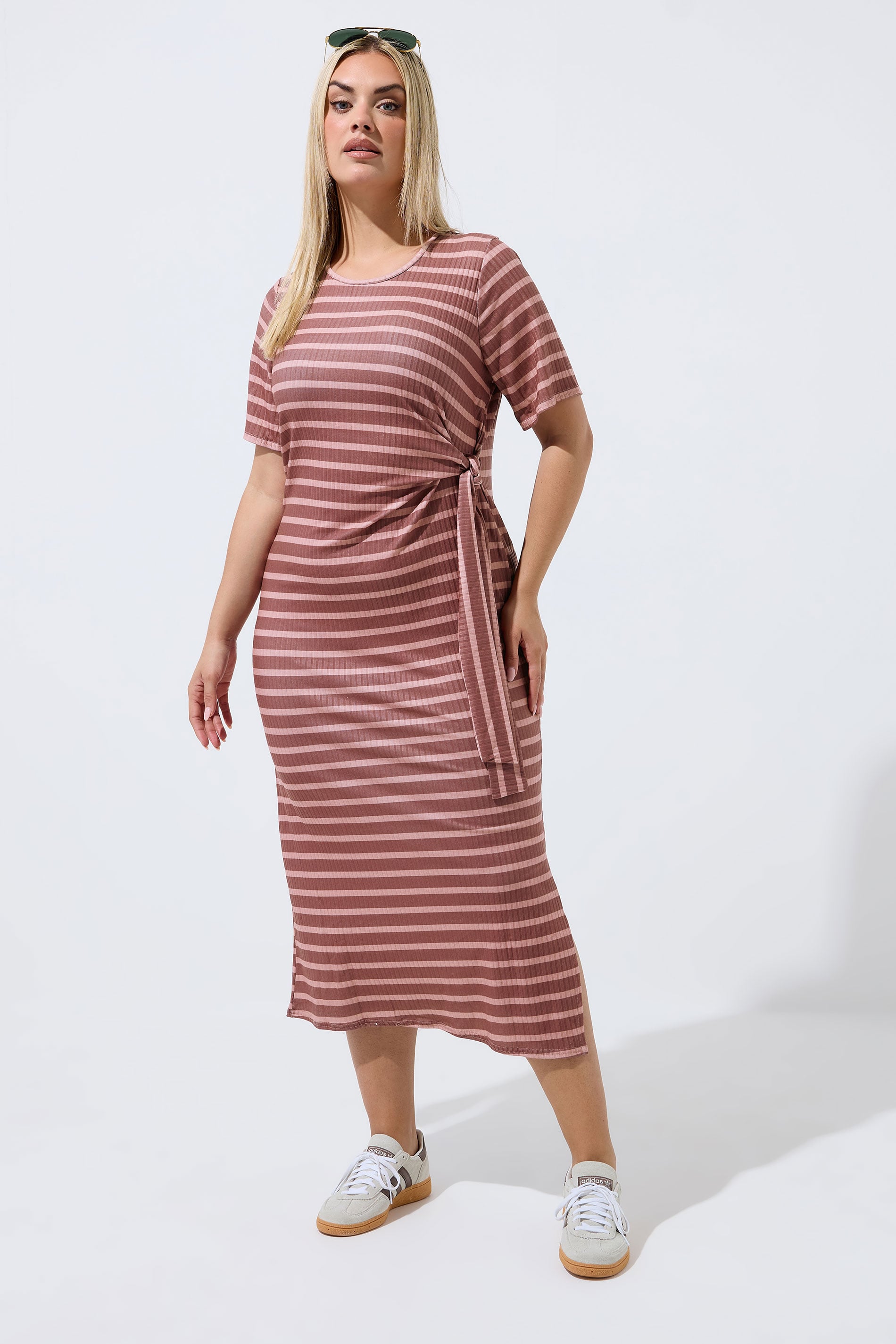 LIMITED COLLECTION Plus Size Pink Stripe Ribbed Knot Dress | Yours Clothing 1
