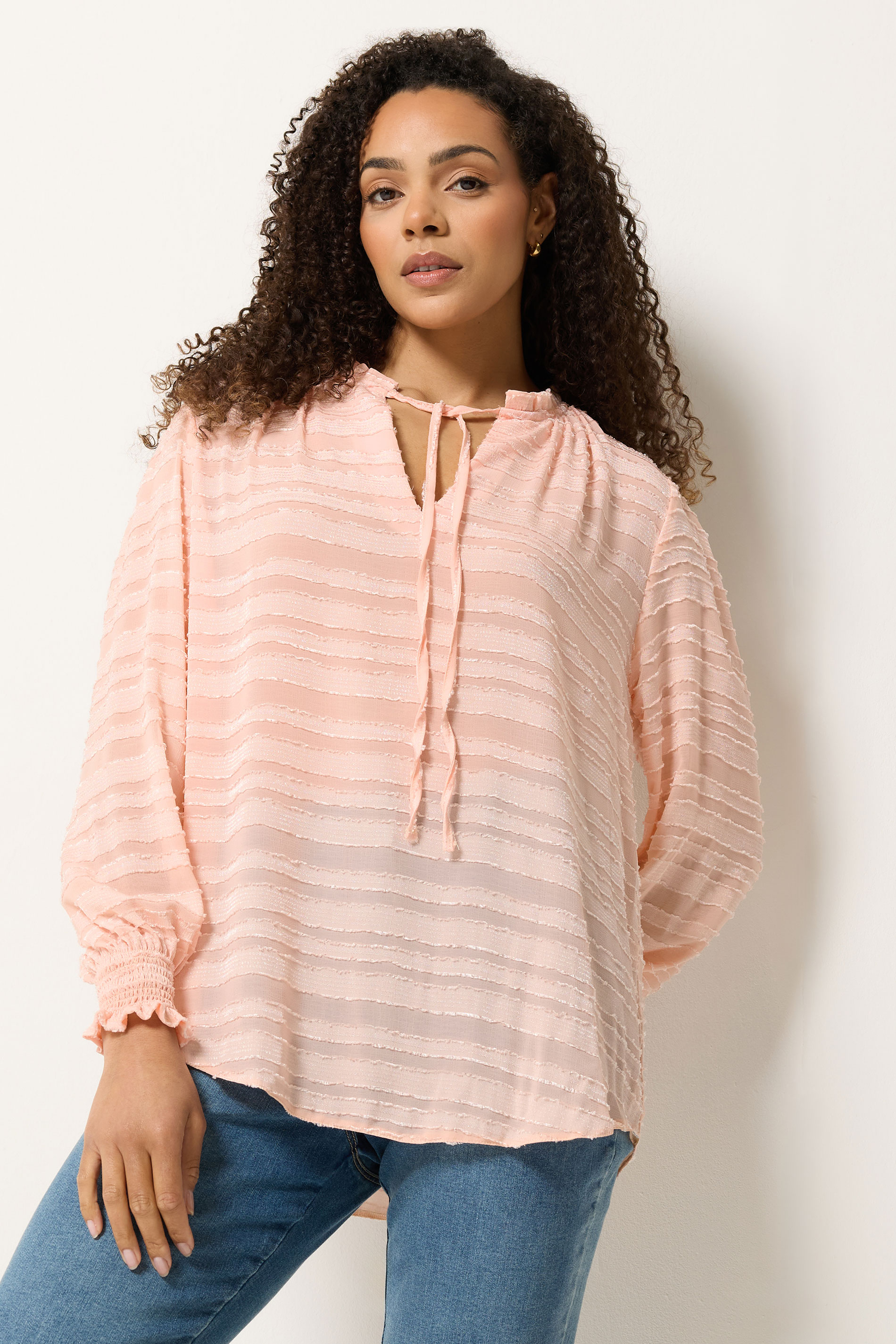 M&Co Pink Textured Stripe Tie Neck Blouse | M&Co 3