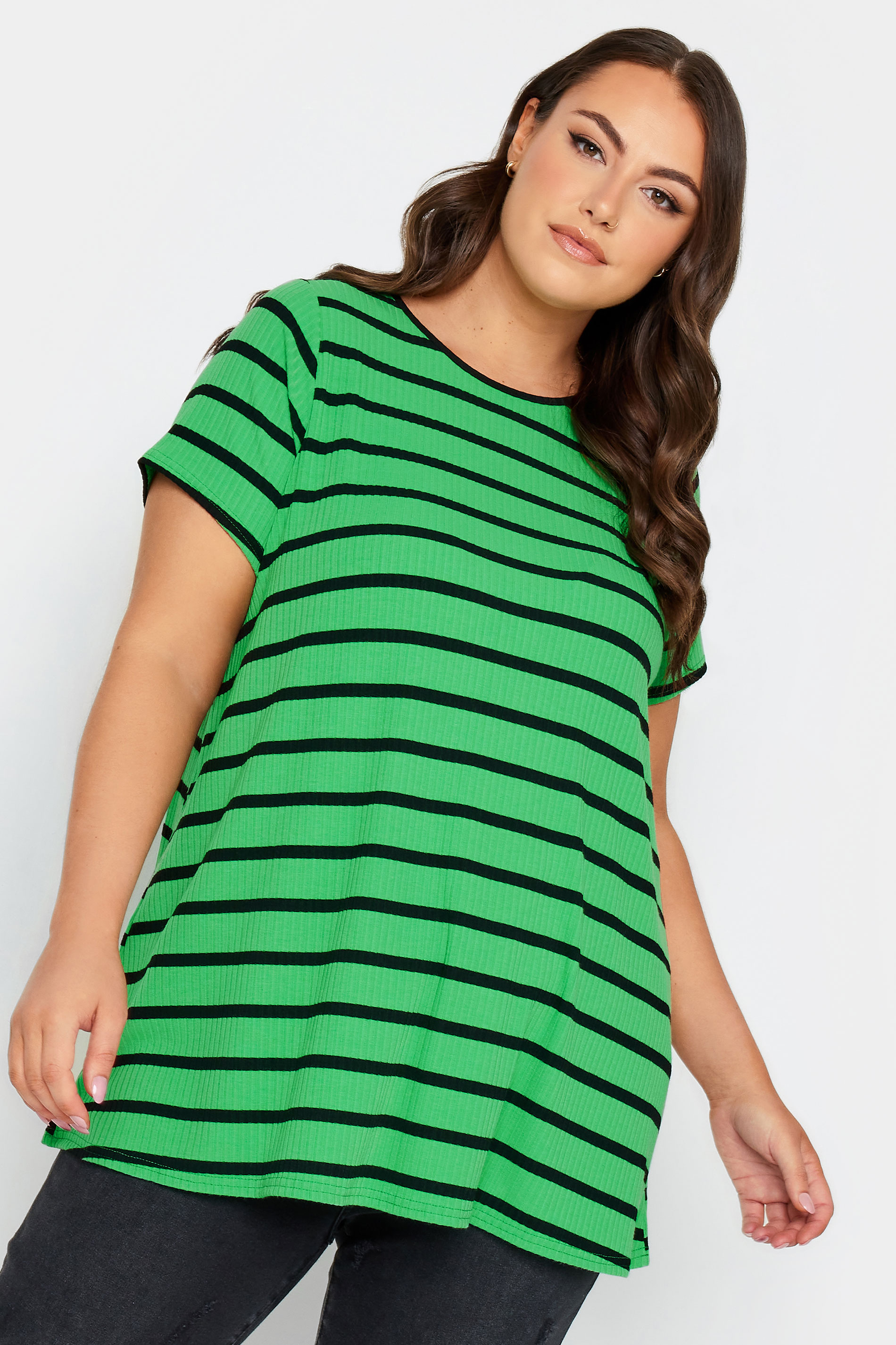 YOURS Curve Plus Size Green Stripe Ribbed Swing T-Shirt | Yours Clothing  1