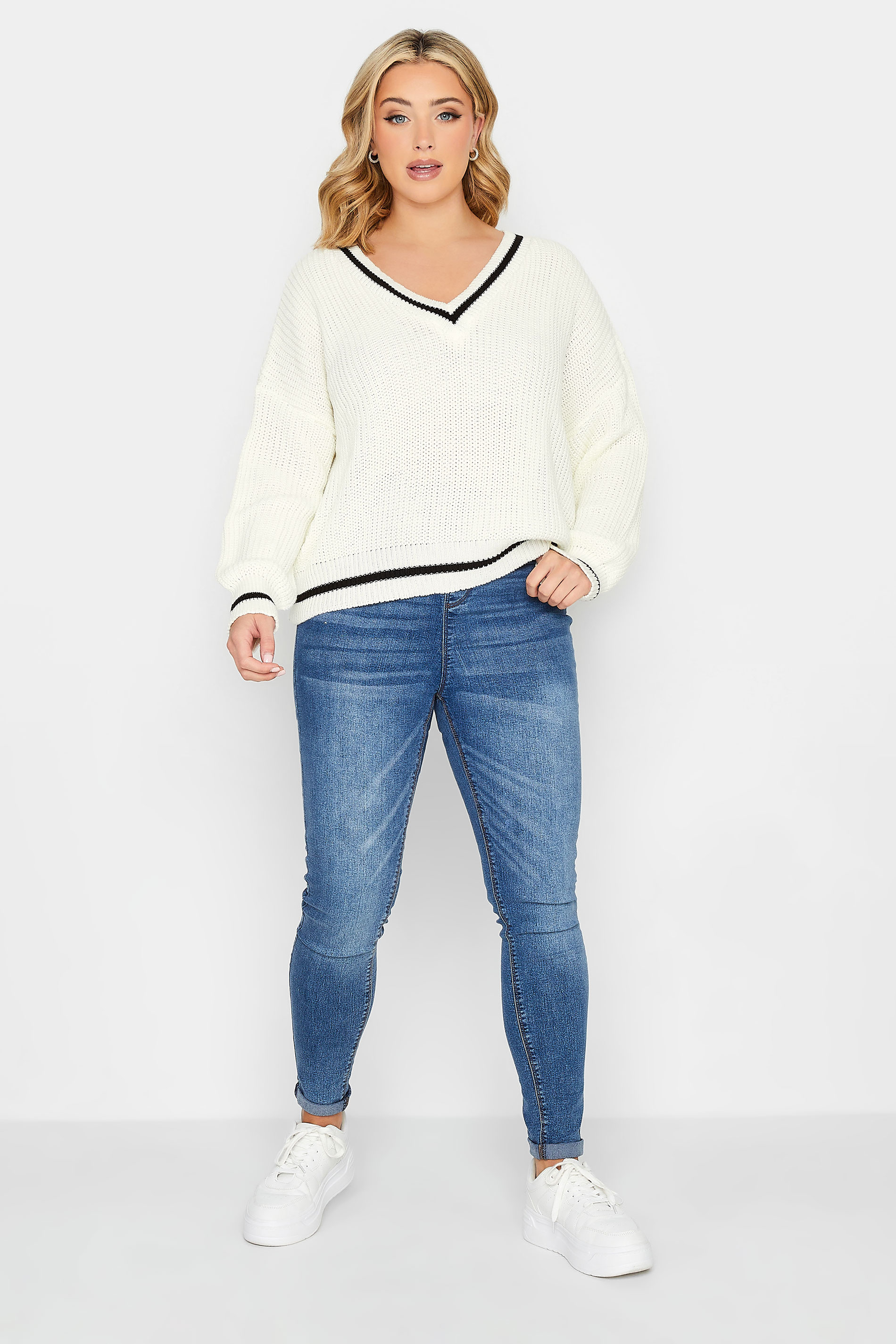 YOURS PETITE Plus Size White Stripe V-Neck Jumper | Yours Clothing 2