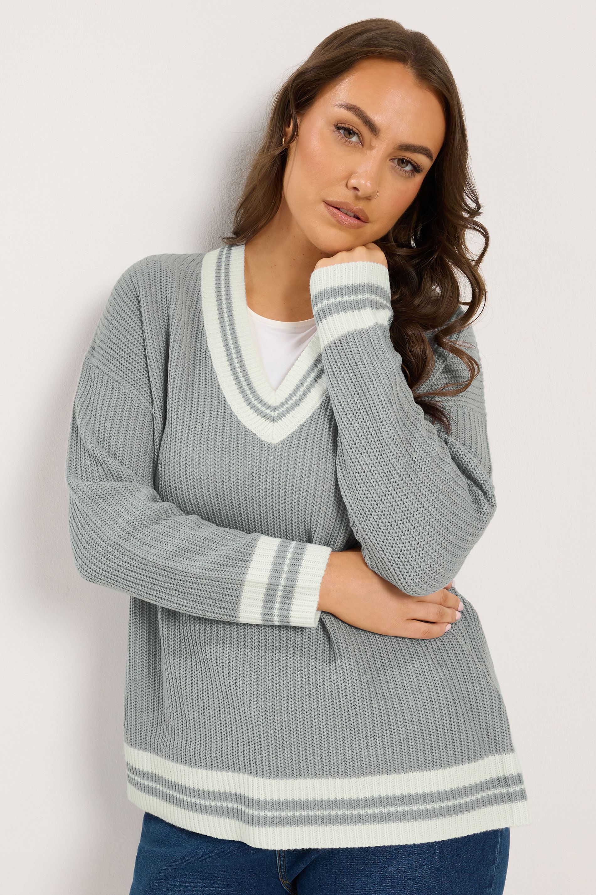 YOURS Plus Size Grey & White Knitted Tennis Jumper | Yours Clothing 1