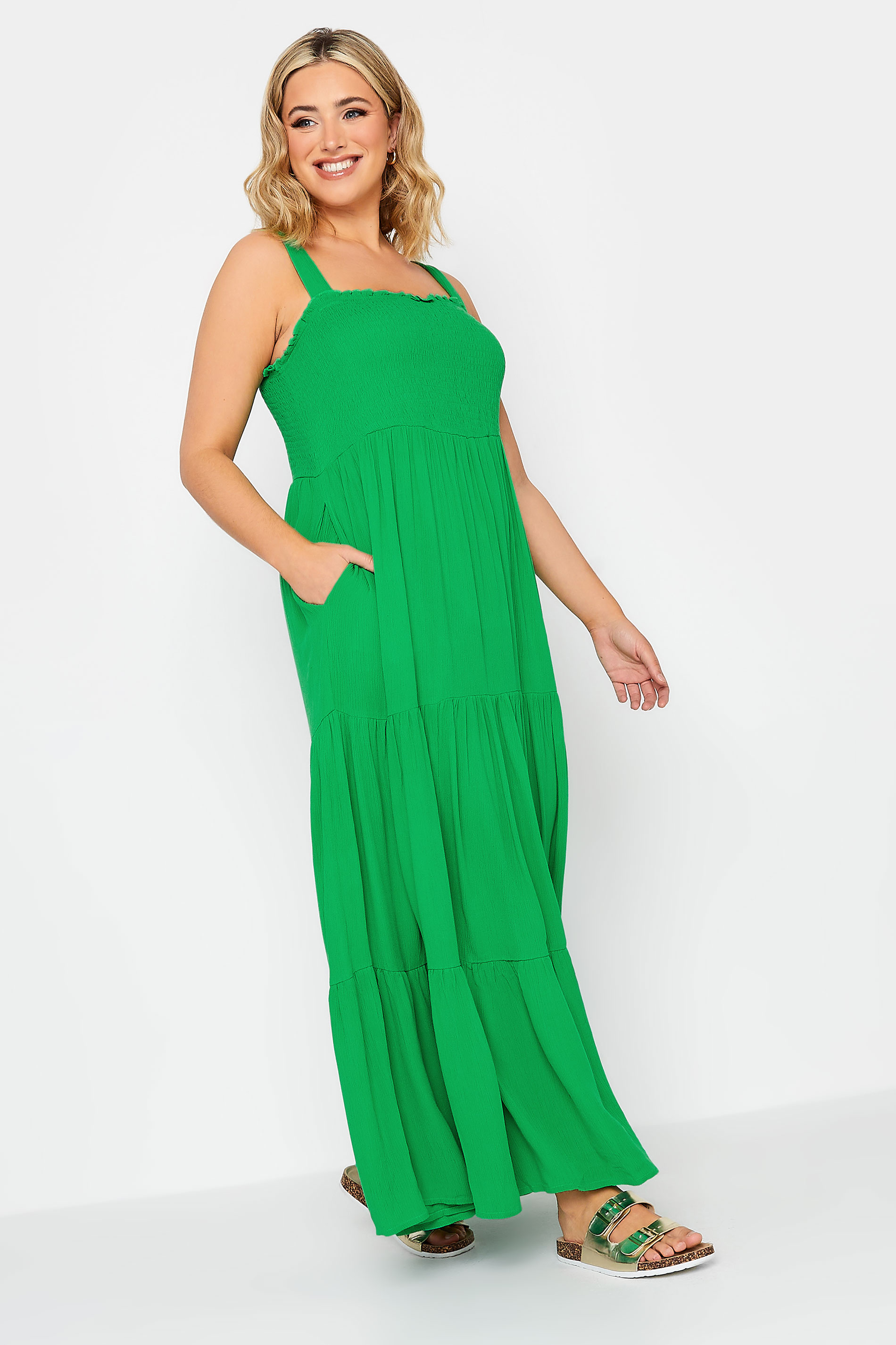 YOURS Plus Size Green Shirred Strappy Sundress | Yours Clothing  3