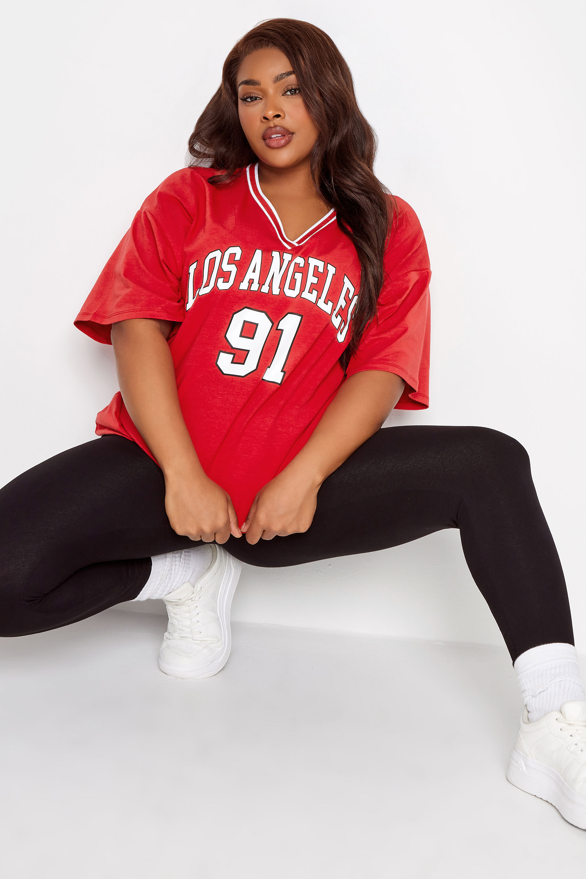 YOURS Curve Plus Size Red 'Los Angeles' Slogan Varsity Top | Yours Clothing 1