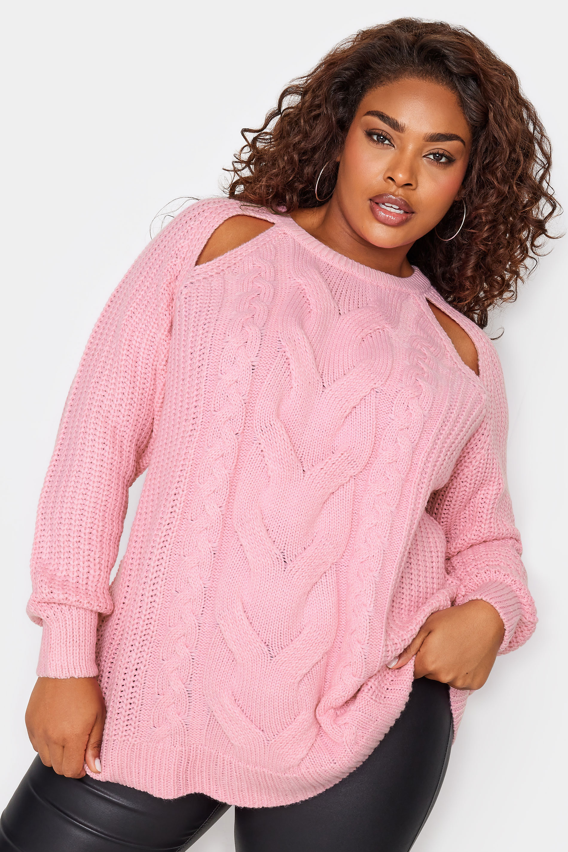 YOURS Plus Size Pink Cable Knit Cut Out Jumper | Yours Clothing 1