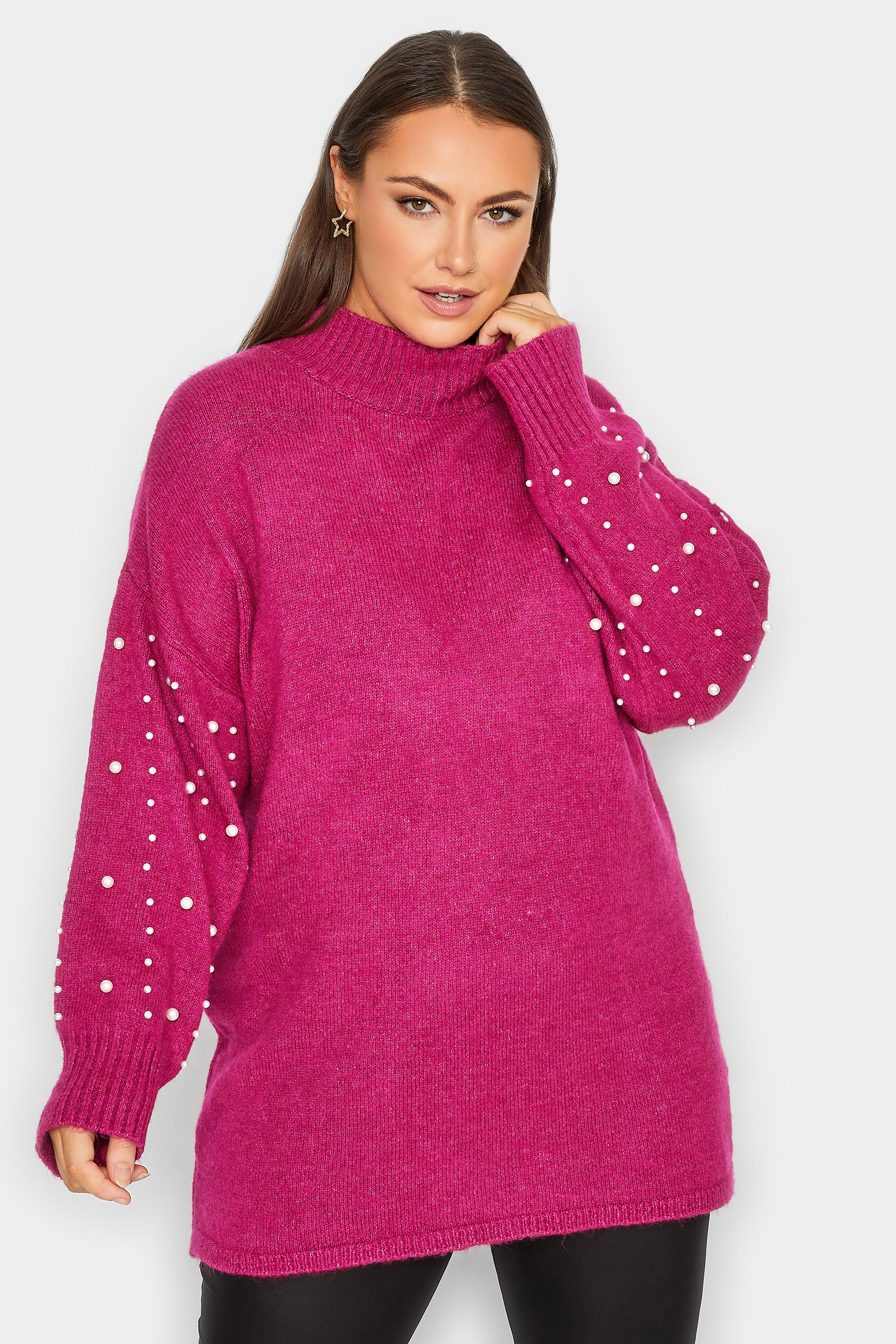 YOURS LUXURY Plus Size Pink Pearl Embellished Batwing Jumper | Yours Clothing 1