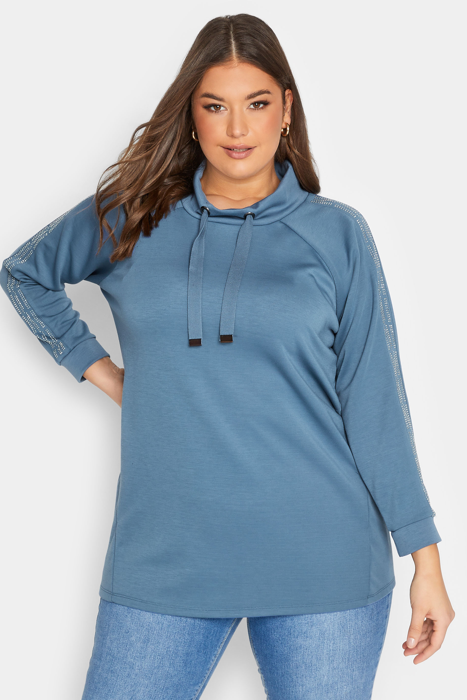 Curve Blue Diamante Sleeve Raglan Sweatshirt | Yours Clothing 1