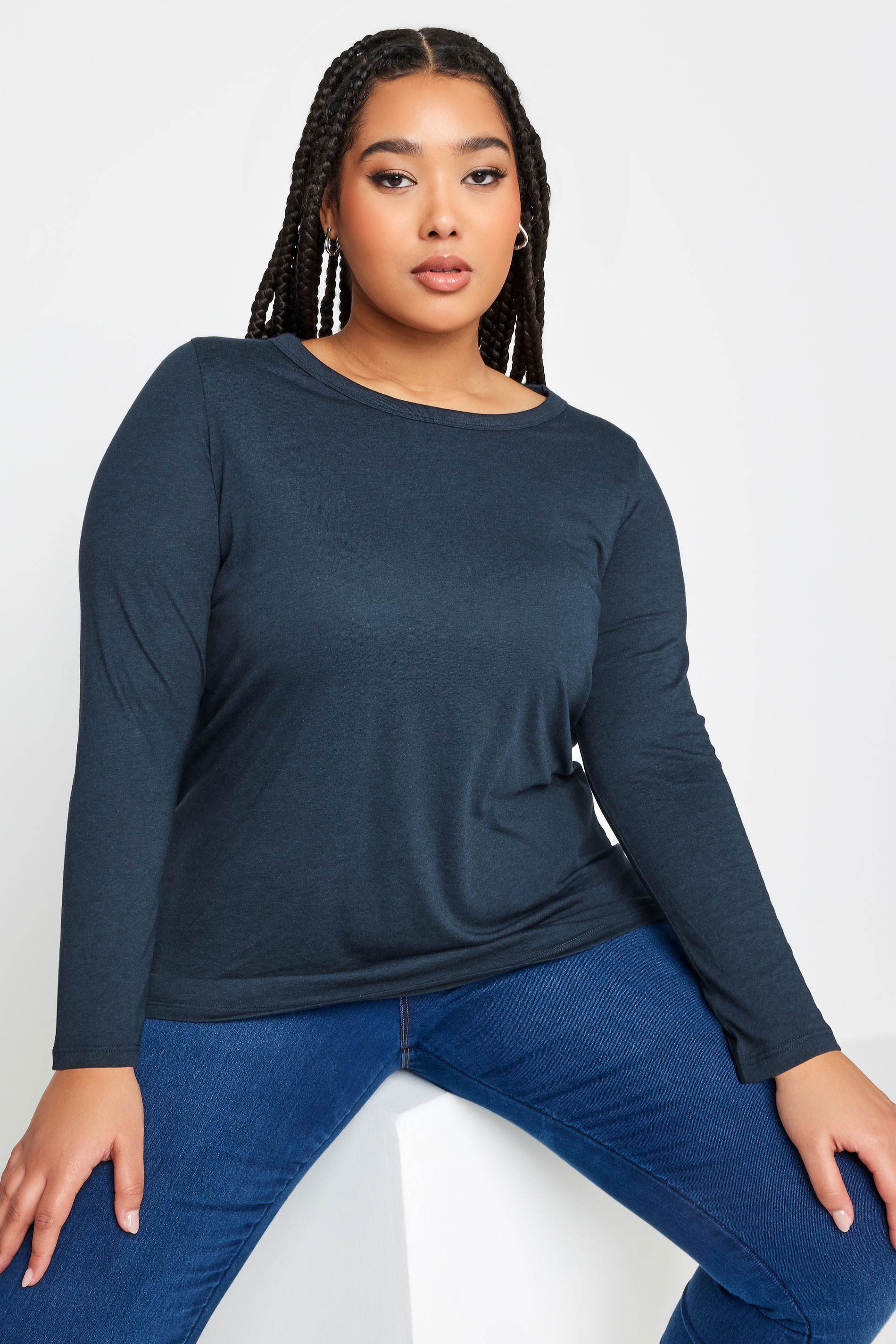 YOURS Plus Size Navy Blue Marl Long Sleeve Top | Yours Clothing 1
