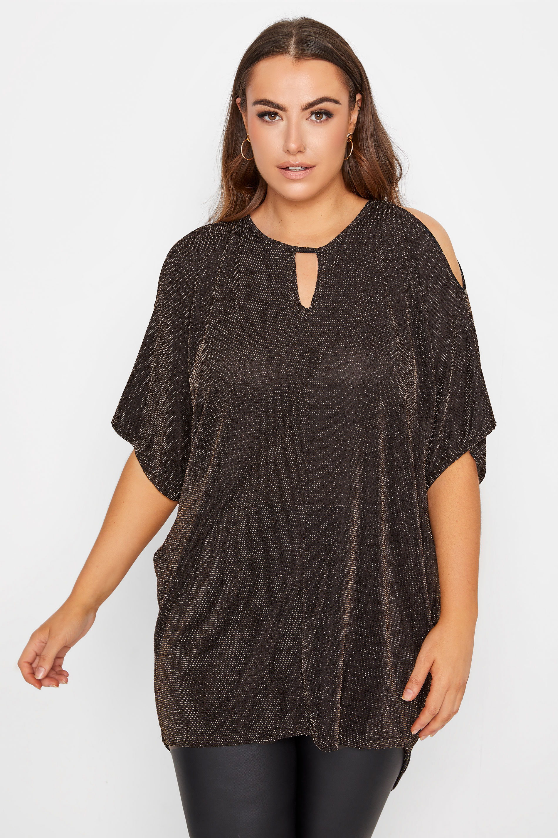 Plus Size YOURS LONDON Black & Gold Glitter Cold Shoulder Top | Yours Clothing 1