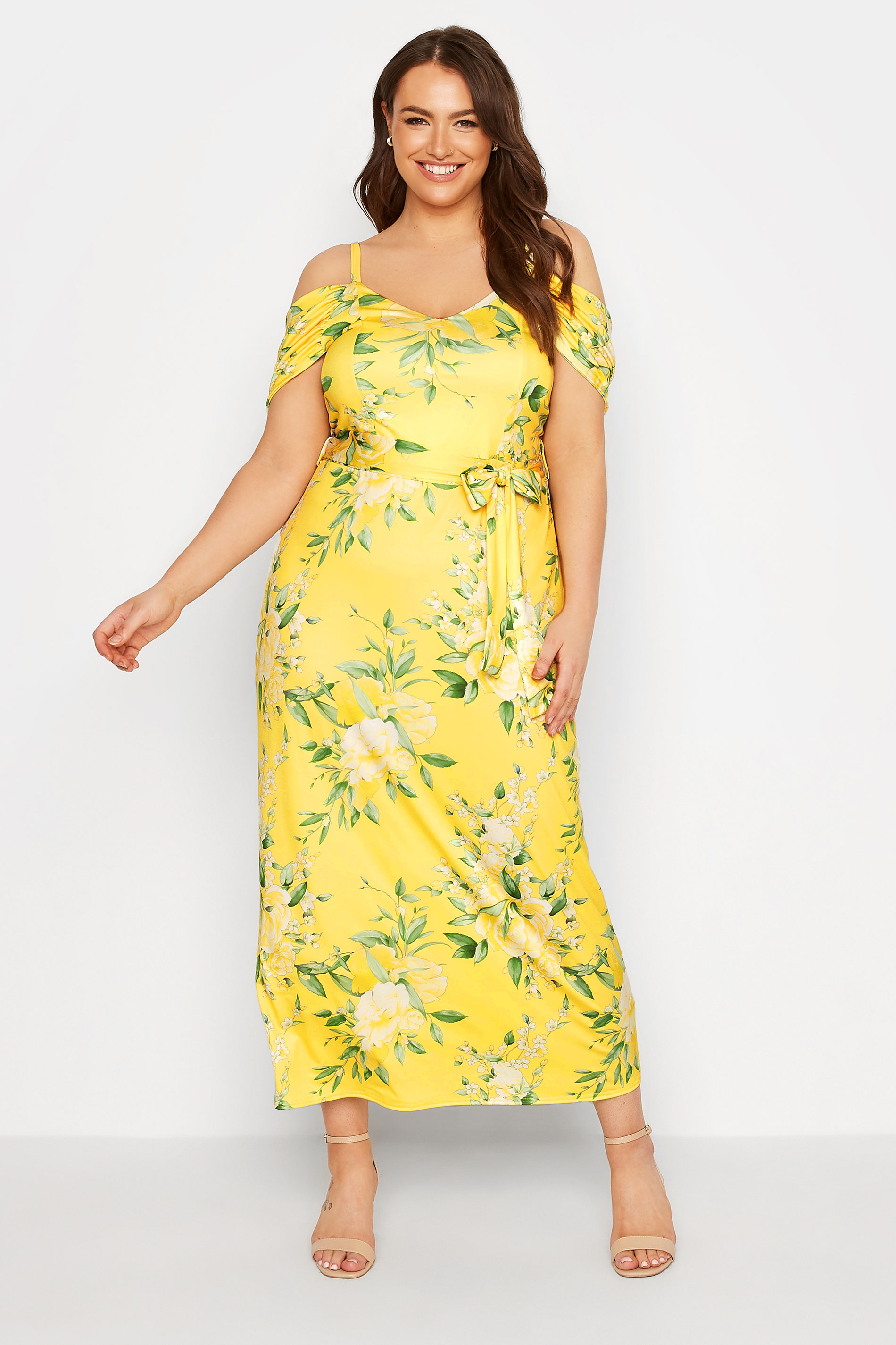 YOURS LONDON Plus Size Yellow Floral Cold Shoulder Maxi Dress | Yours Clothing 1
