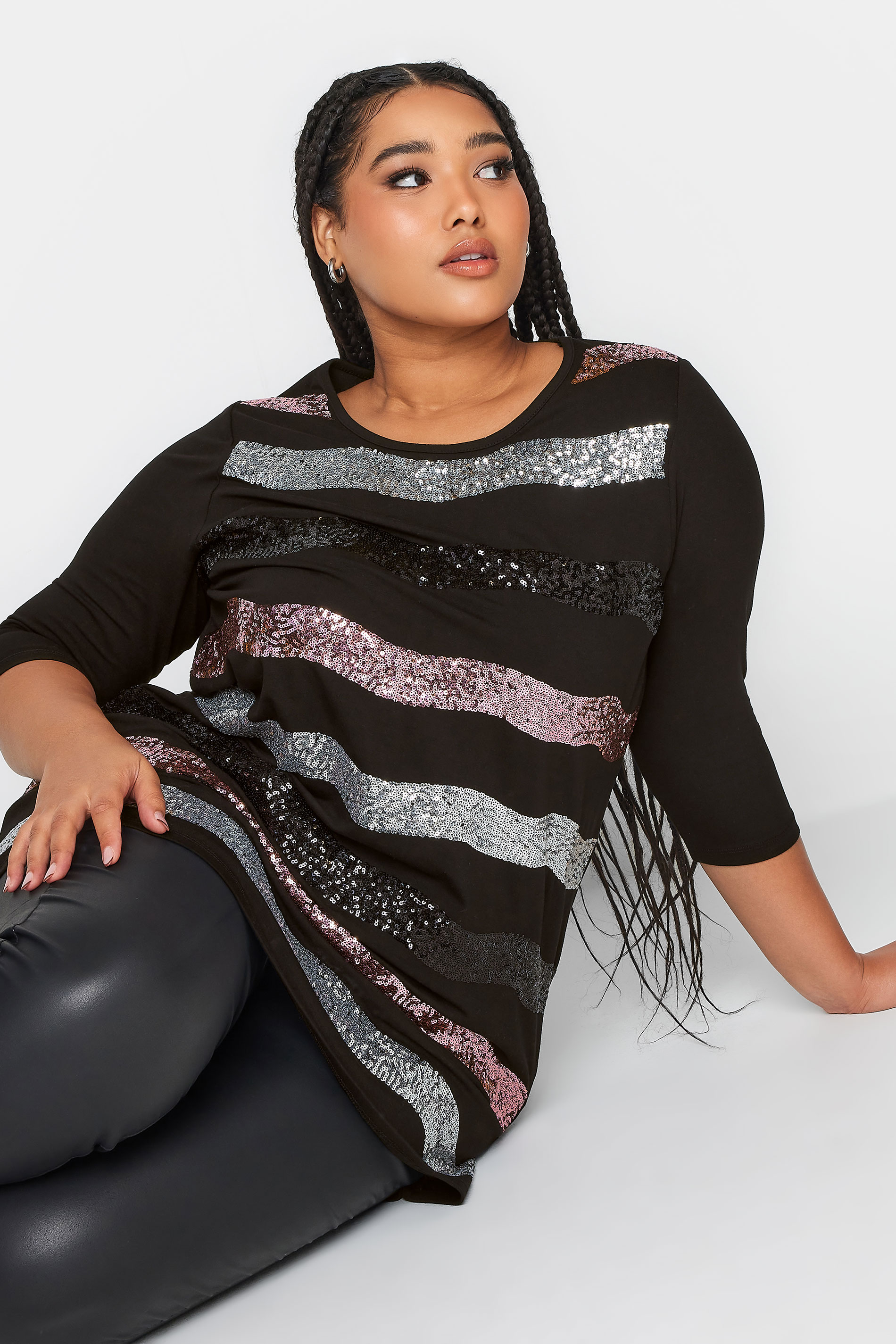 YOURS Plus Size Black Sequin Embellished Stripe Top | Yours Clothing 1