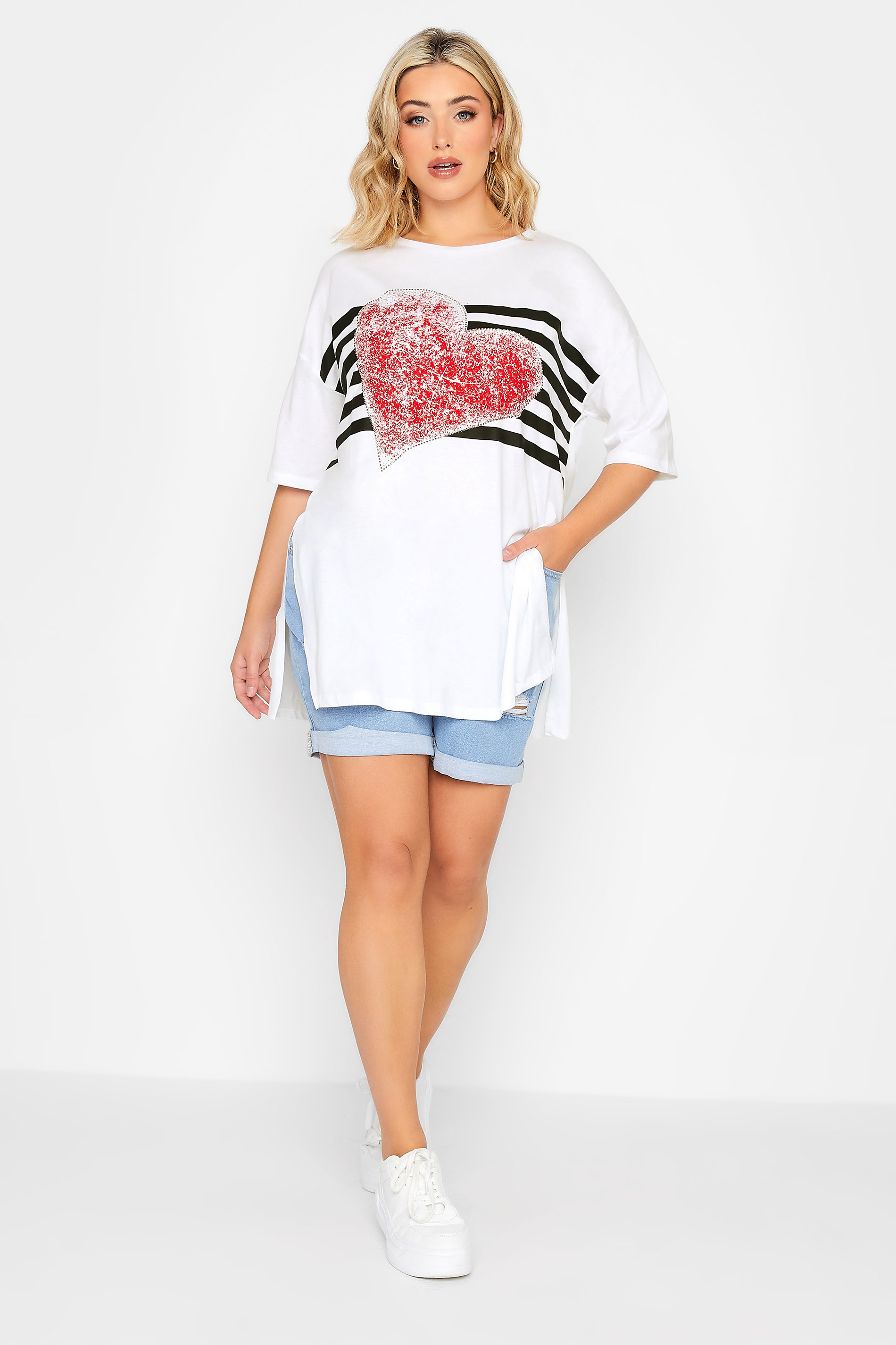 YOURS Plus Size Curve White Heart Print T-Shirt | Yours Clothing  2