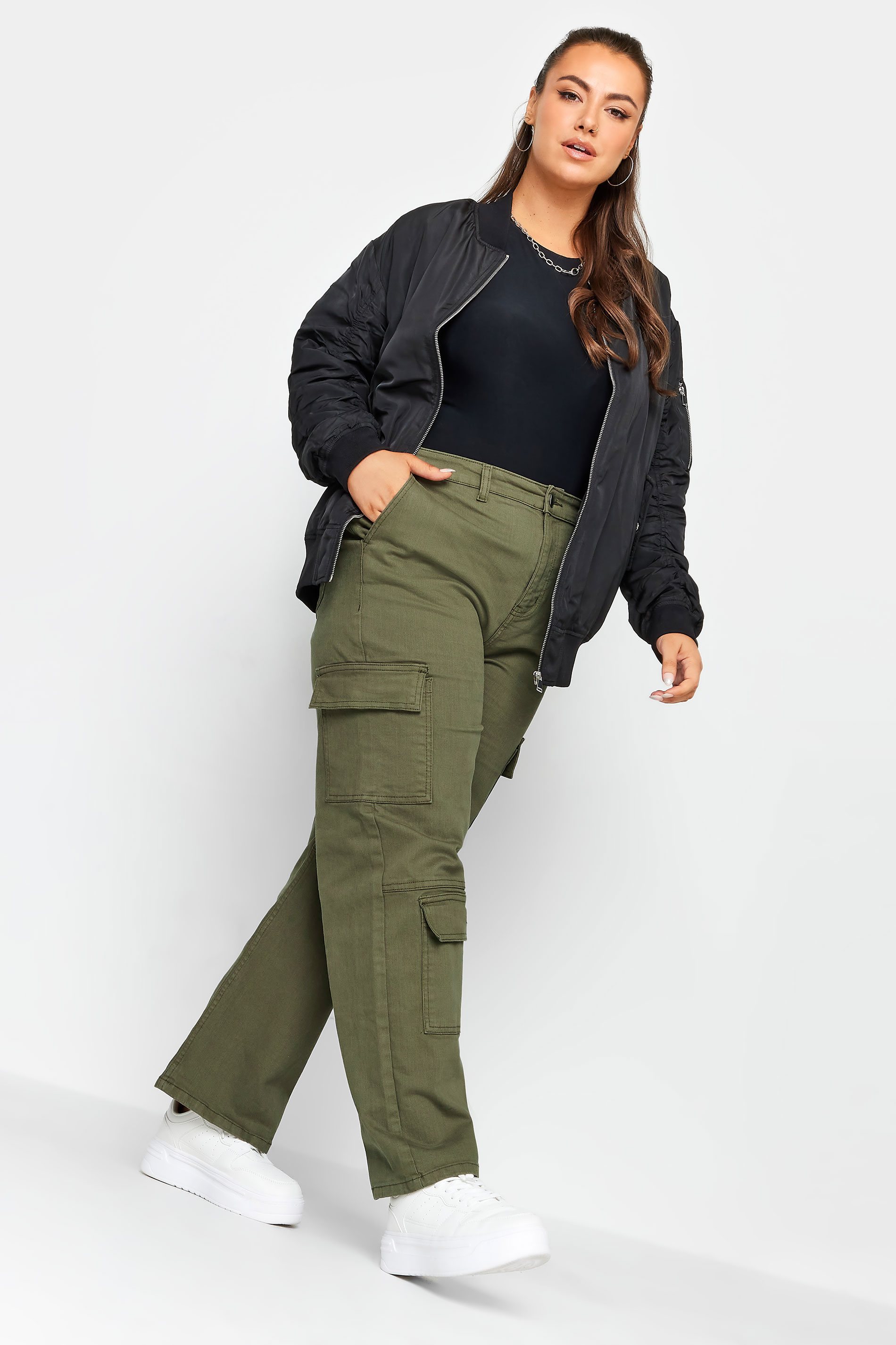 YOURS Curve Plus Size Khaki Green Wide Leg Pocket Cargo Trousers | Yours Clothing  3