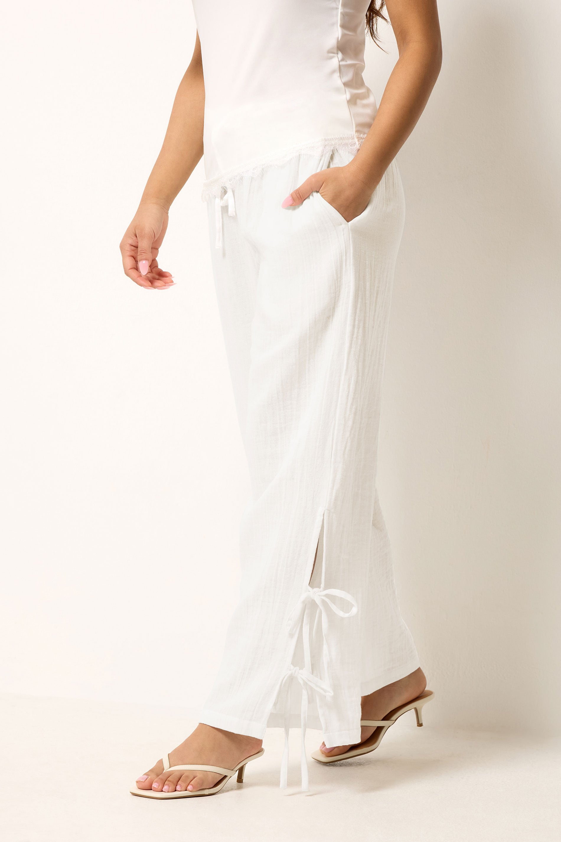 PixieGirl Petite Women's White Tie Detail Cotton Cheesecloth Wide Leg Trousers | PixieGirl 1