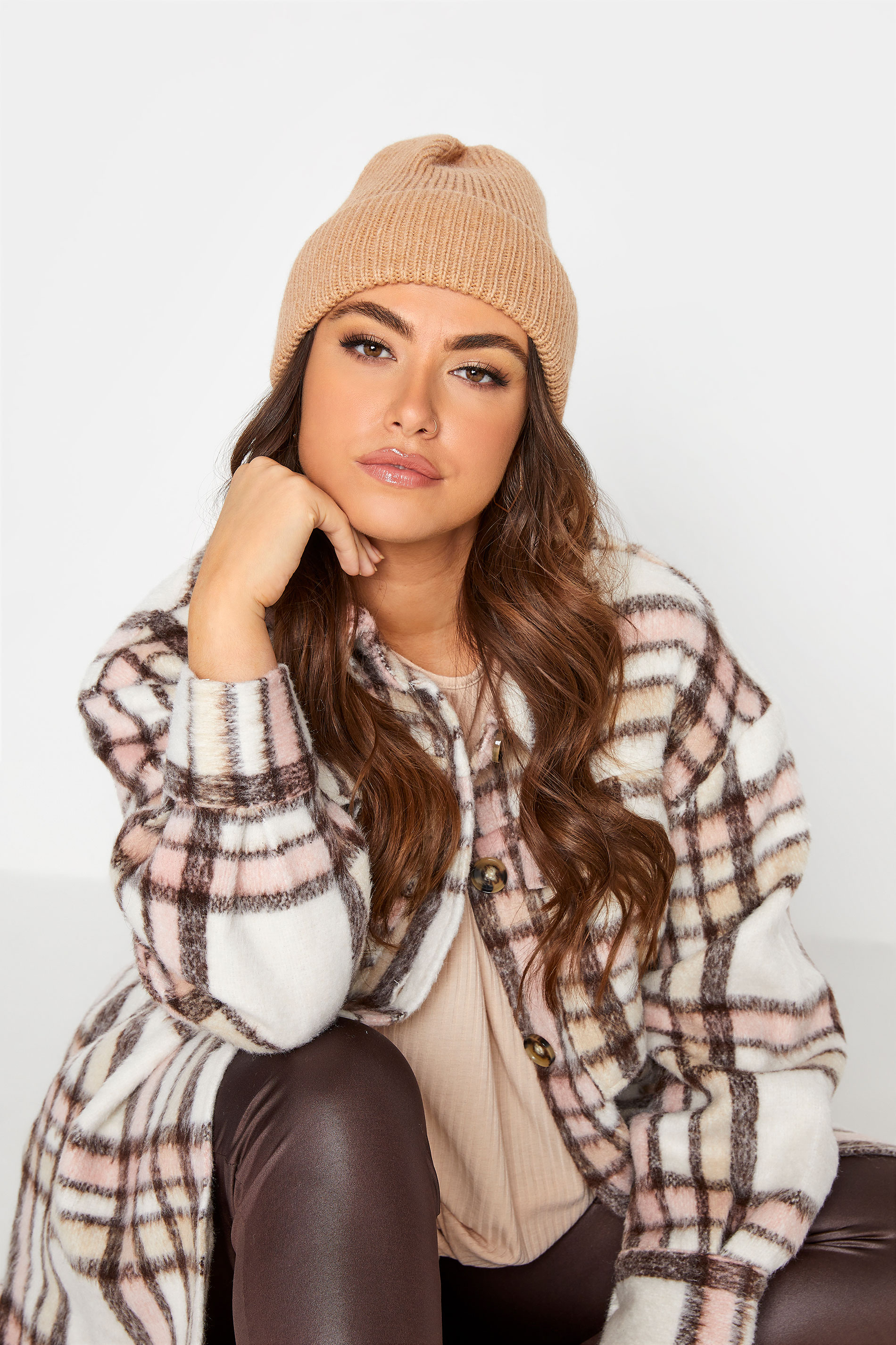Plus Size Beige Brown Knitted Soft Touch Beanie Hat | Yours Clothing 1