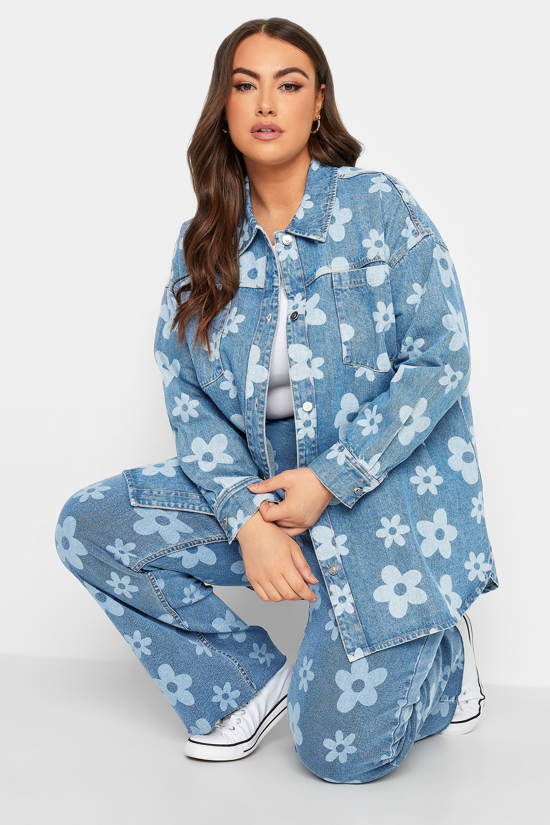 YOURS Plus Size Blue Floral Print Denim Shacket | Yours Clothing