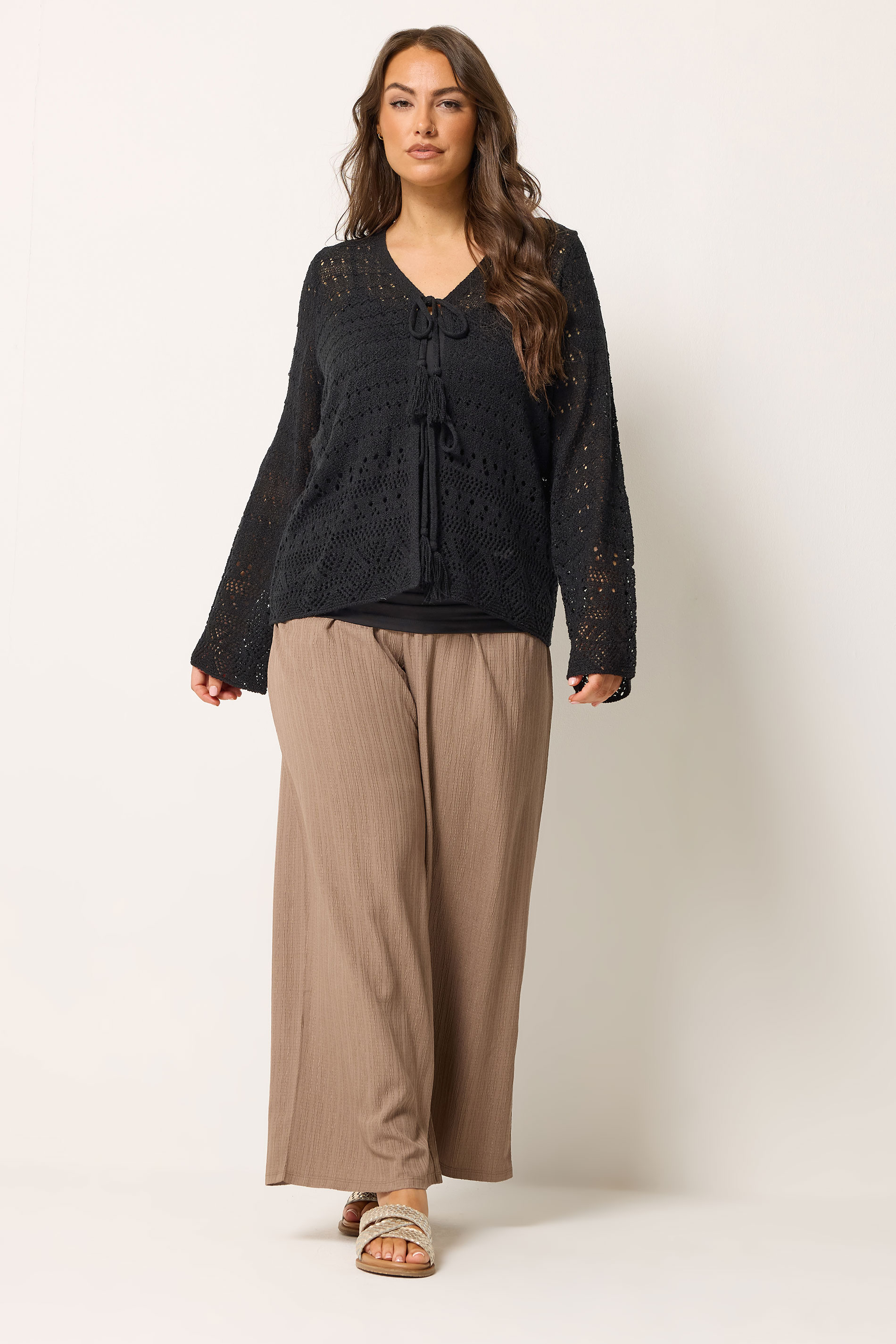 YOURS Plus Size Black Pointelle Knitted Tie Cardigan | Yours Clothing 1