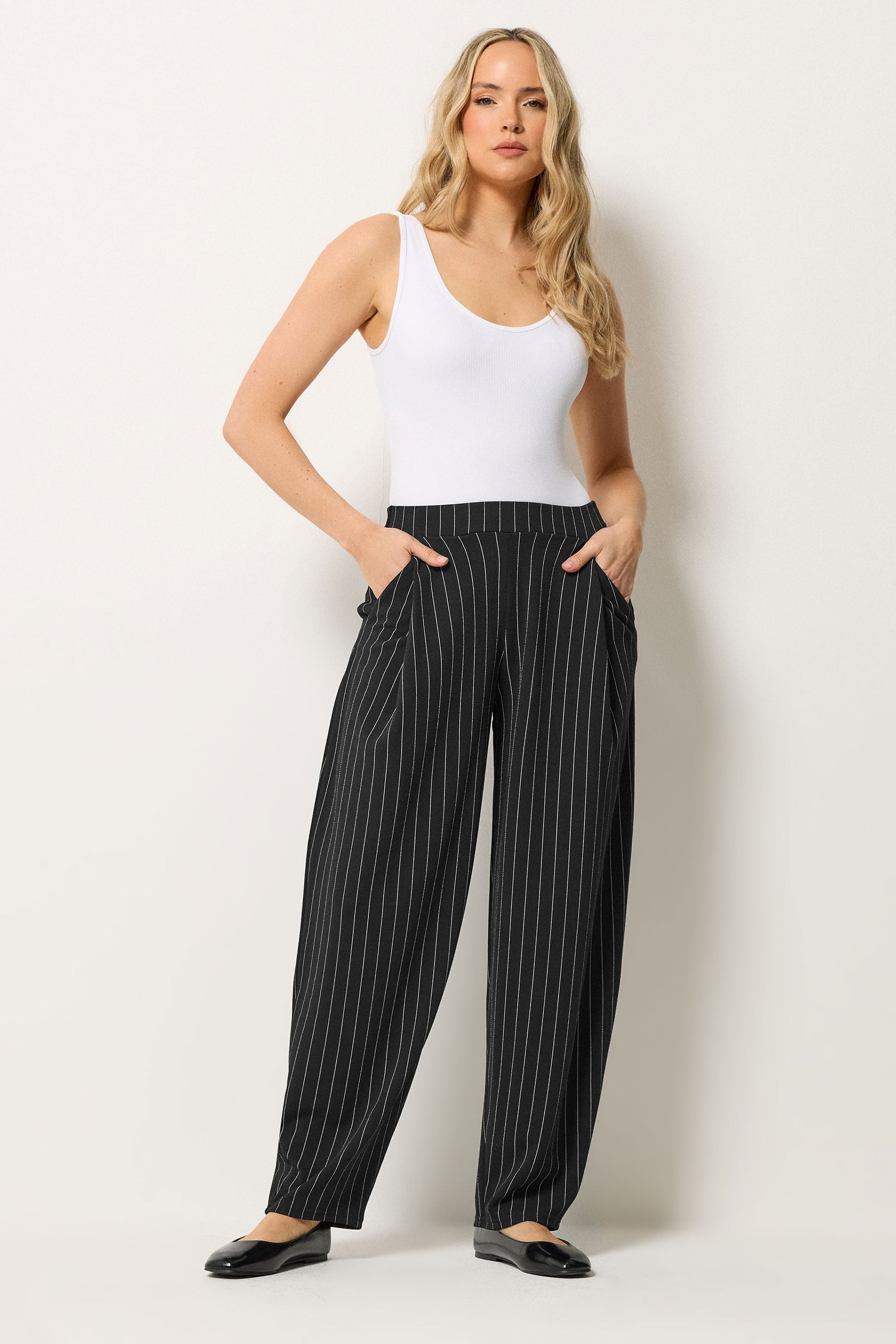 LTS Tall Women's Black Pinstripe Barrel Leg Trousers | Long Tall Sally 3