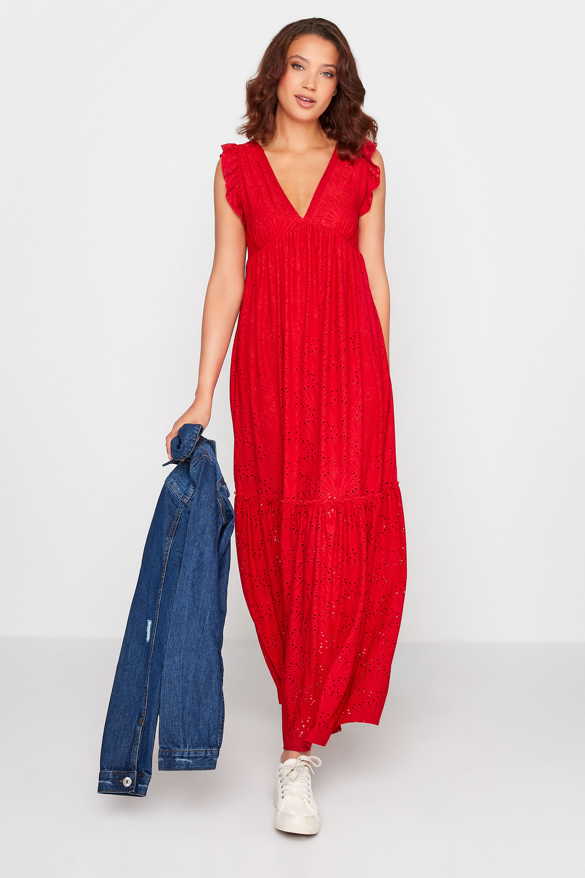 LTS Tall Red Broderie Anglaise Frill Maxi Dress | Long Tall Sally 1