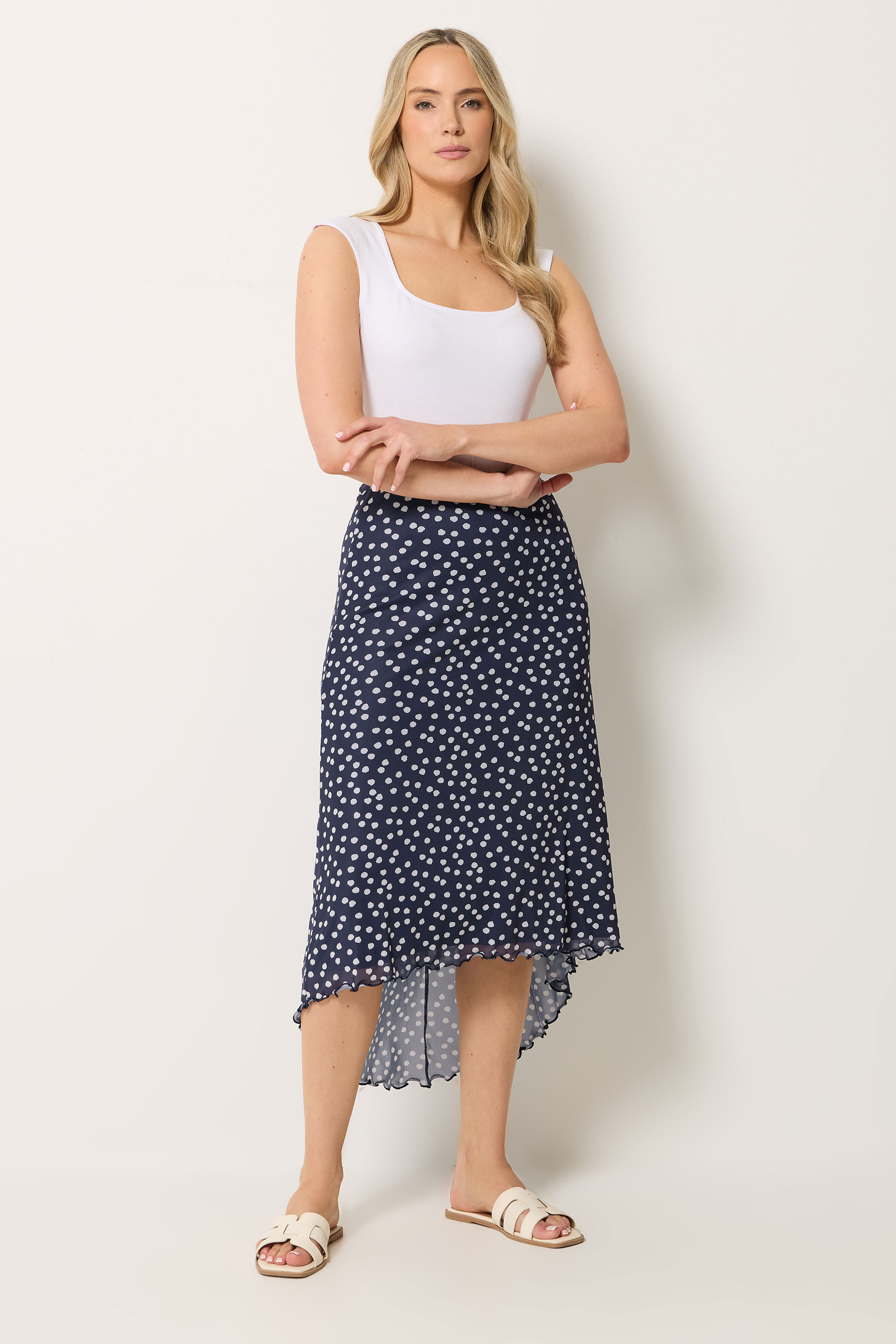 LTS Tall Women's Navy Blue Polka Dot Dipped Hem Mesh Midi Skirt | Long Tall Sally 3