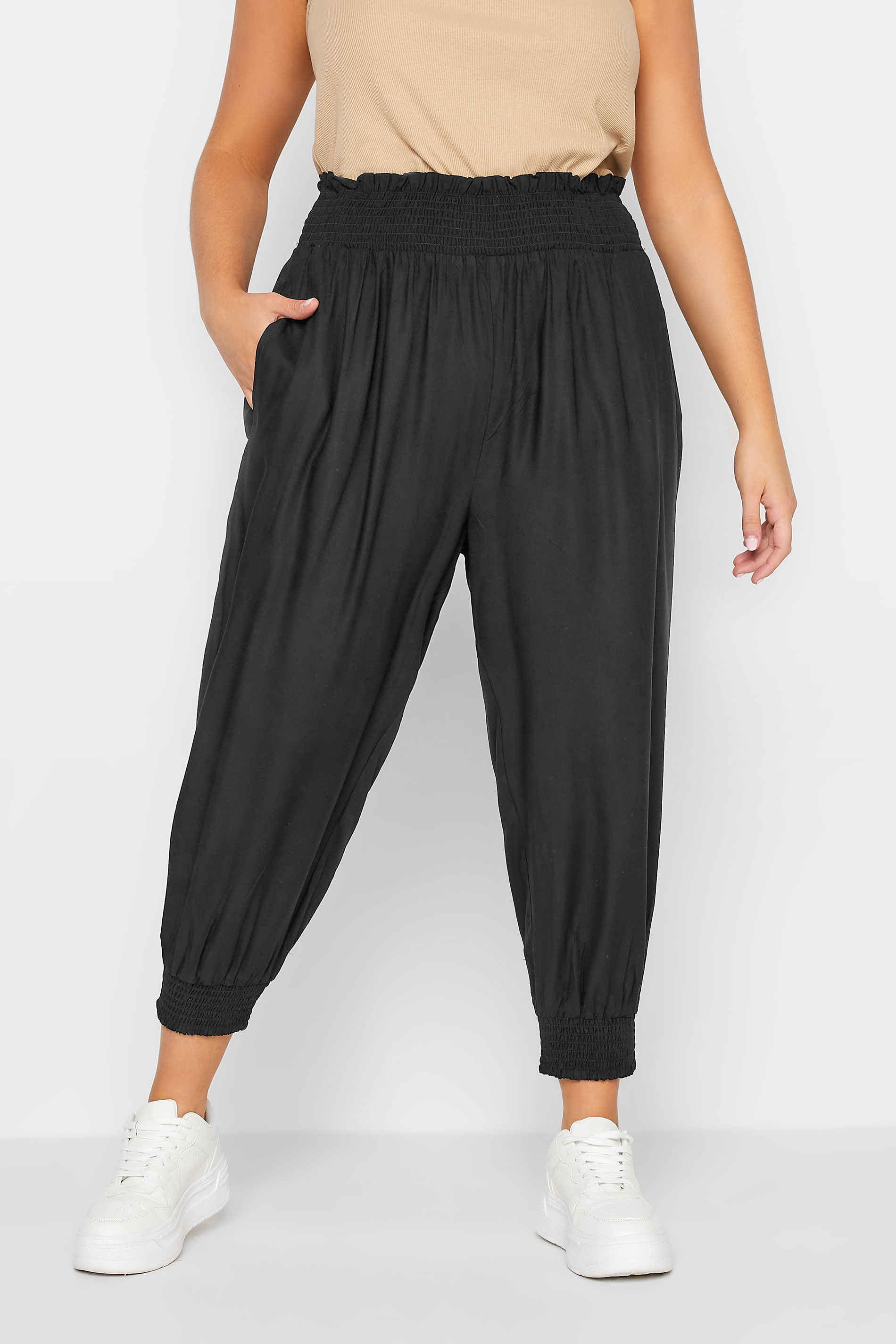 YOURS Curve Black Shirred Waist Cropped Harem Trousers | Yours Clothing 1