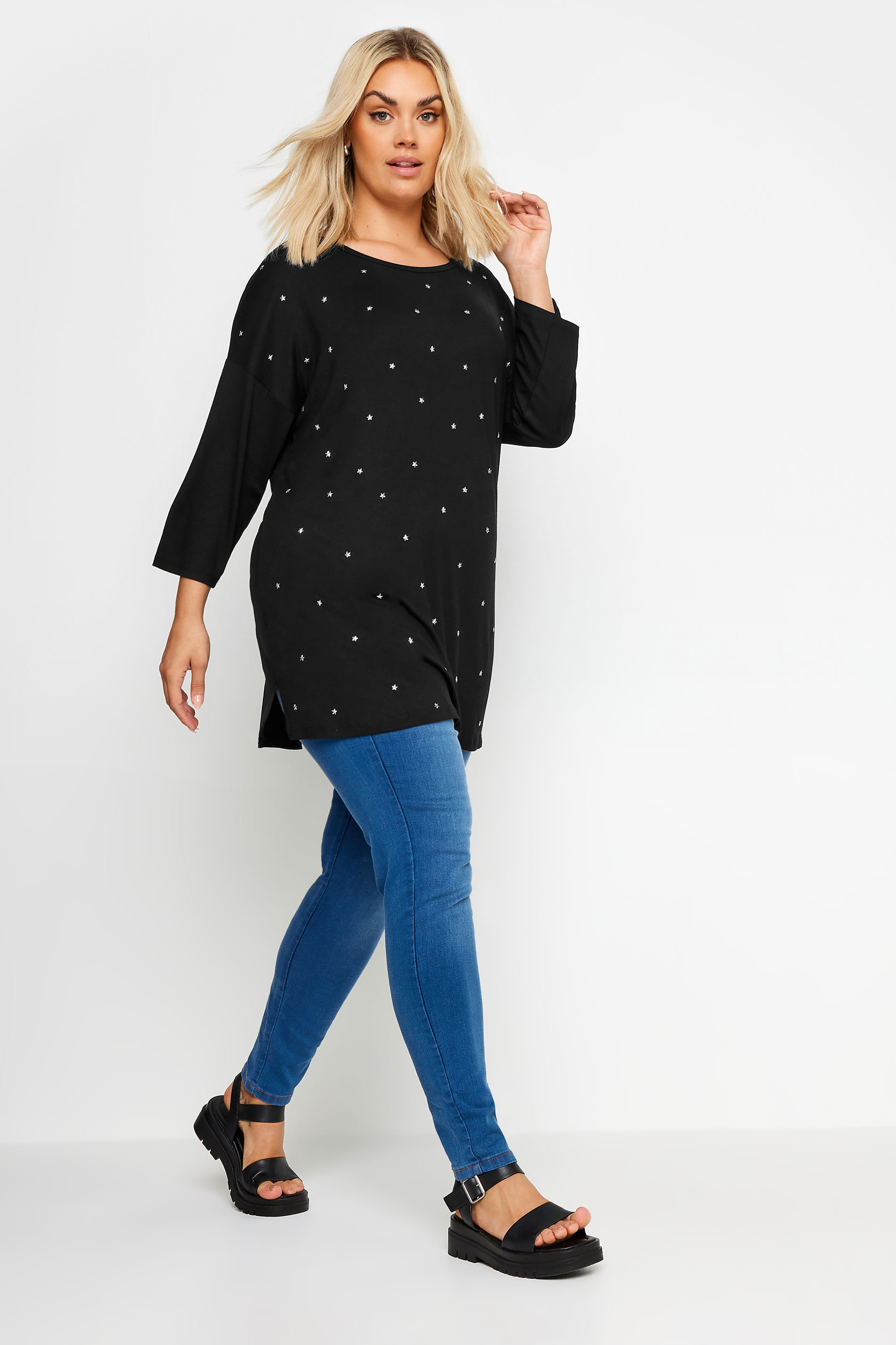 YOURS Plus Size Black Star Embellished Swing Top | Yours Clothing