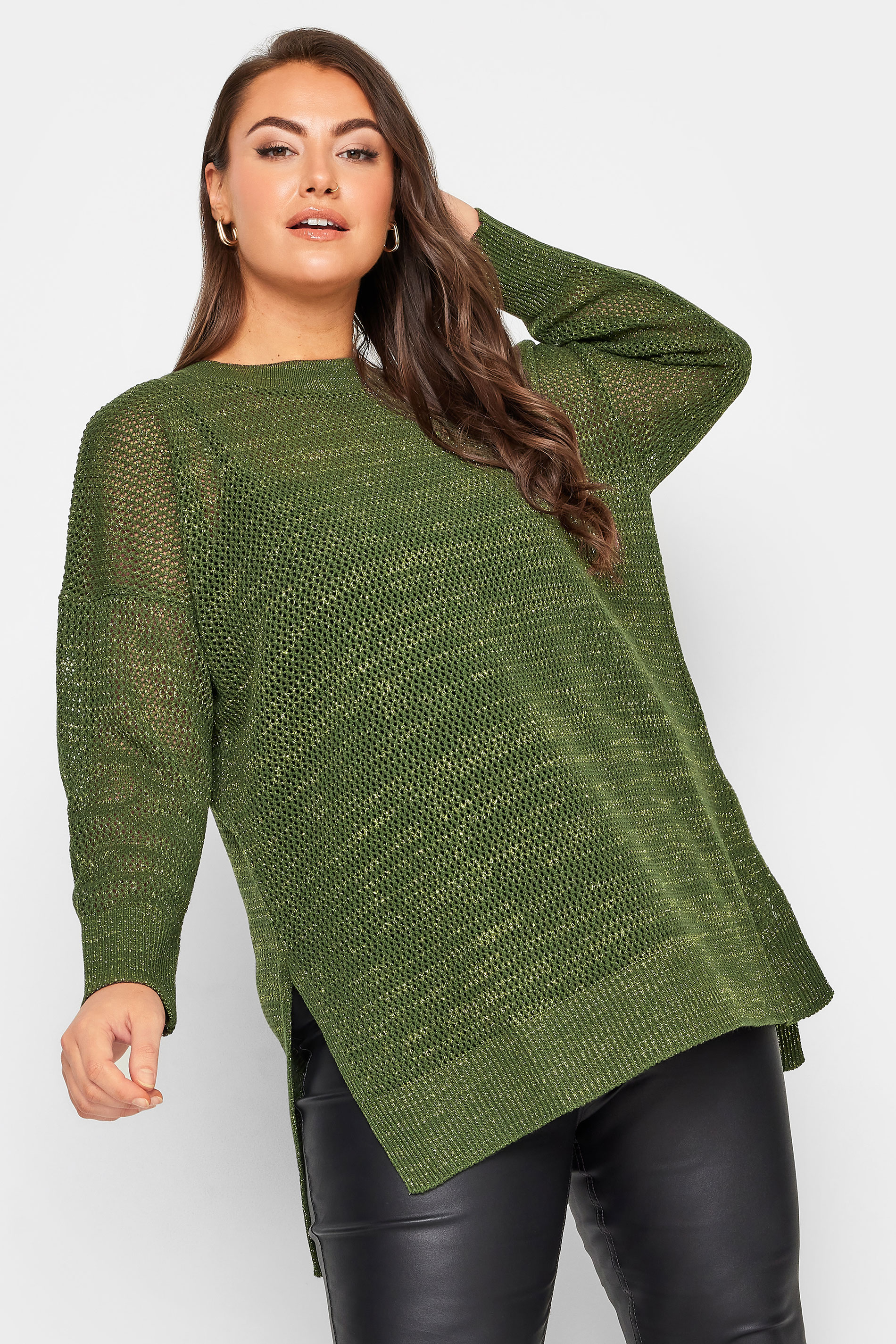 YOURS Curve Green Side Split Metallic Pointelle Jumper | Yours Clothing 1