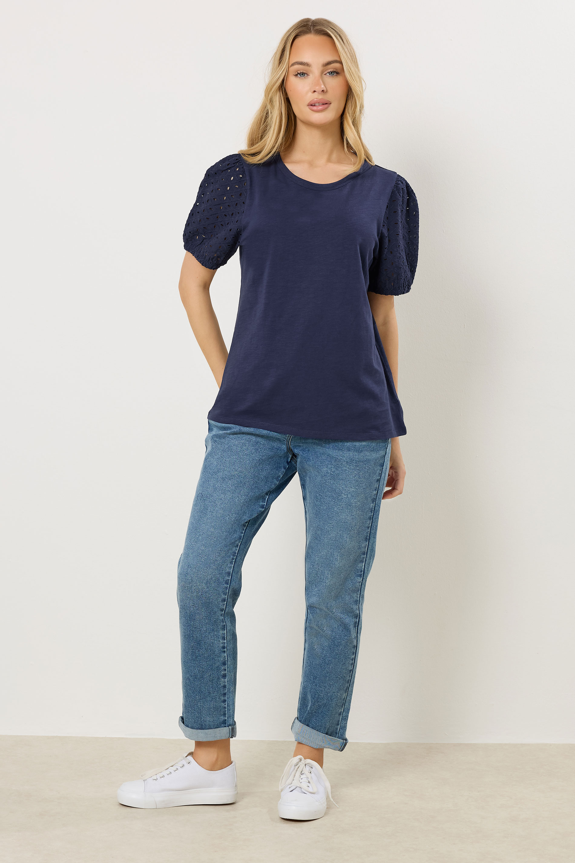 M&Co Navy Blue Broderie Cotton Puff Sleeve Top | M&Co 1