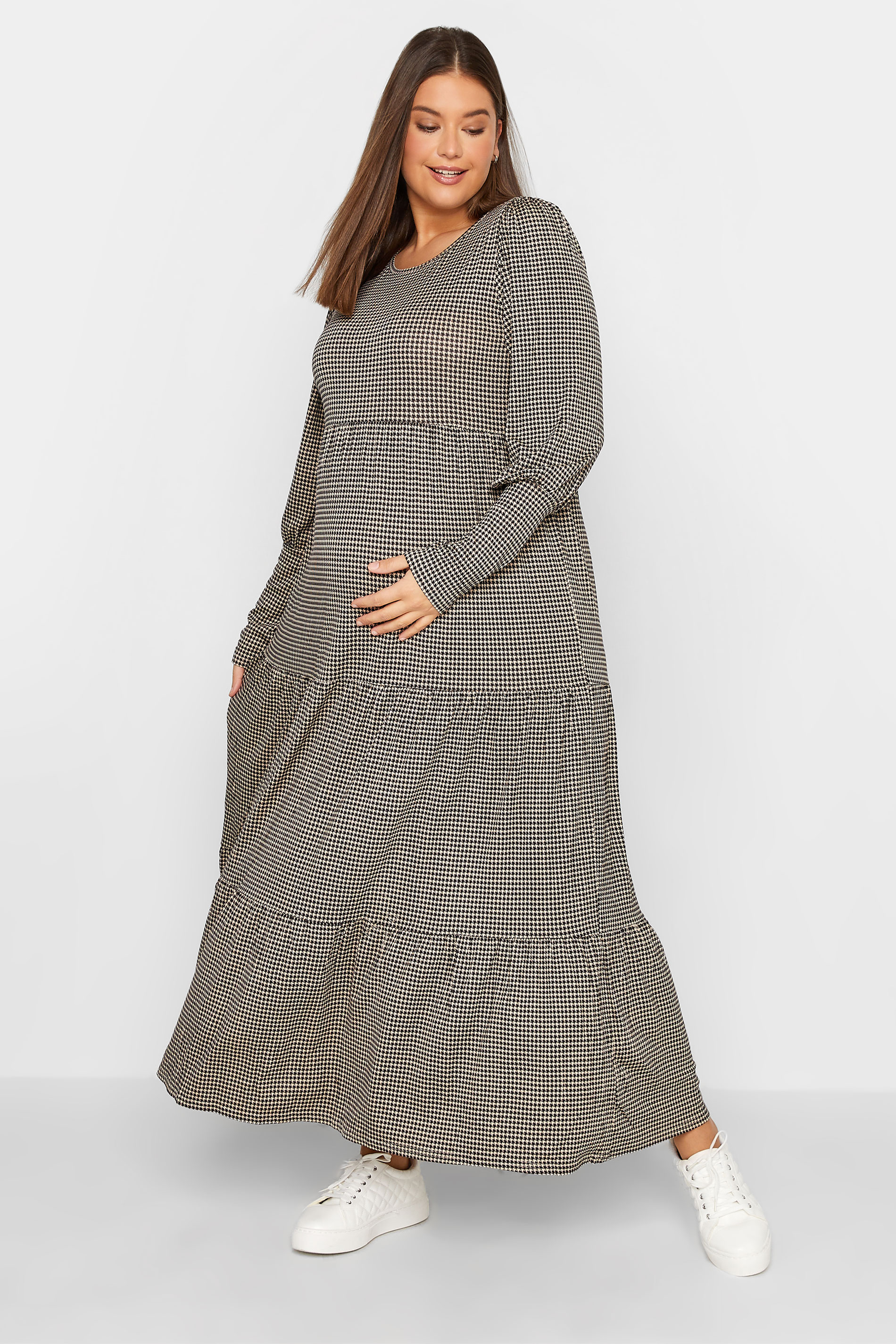 Tall Women's LTS Maternity Beige Brown Dogtooth Check Smock Dress | Long Tall Sally 1