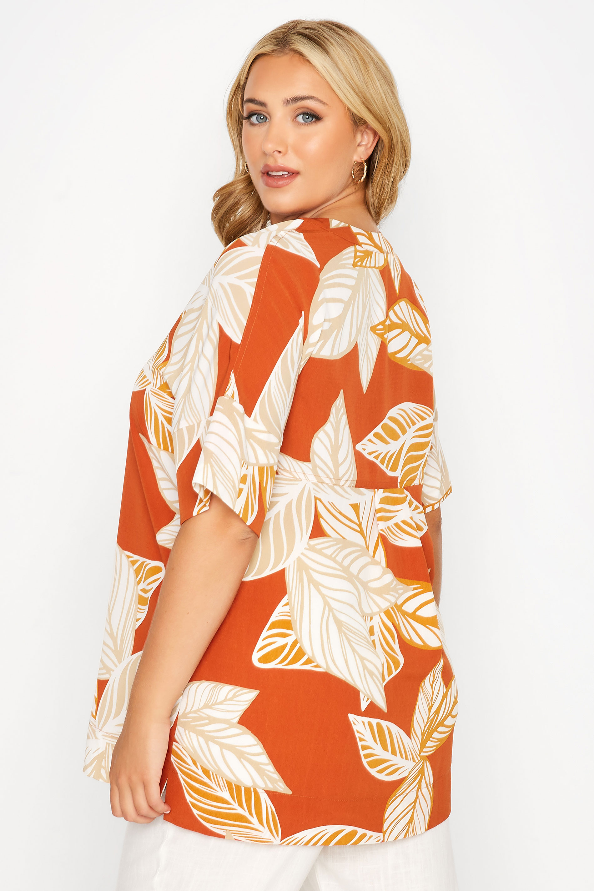 Plus Size Orange Leaf Print V-Neck Shirt | Yours Clothing  3