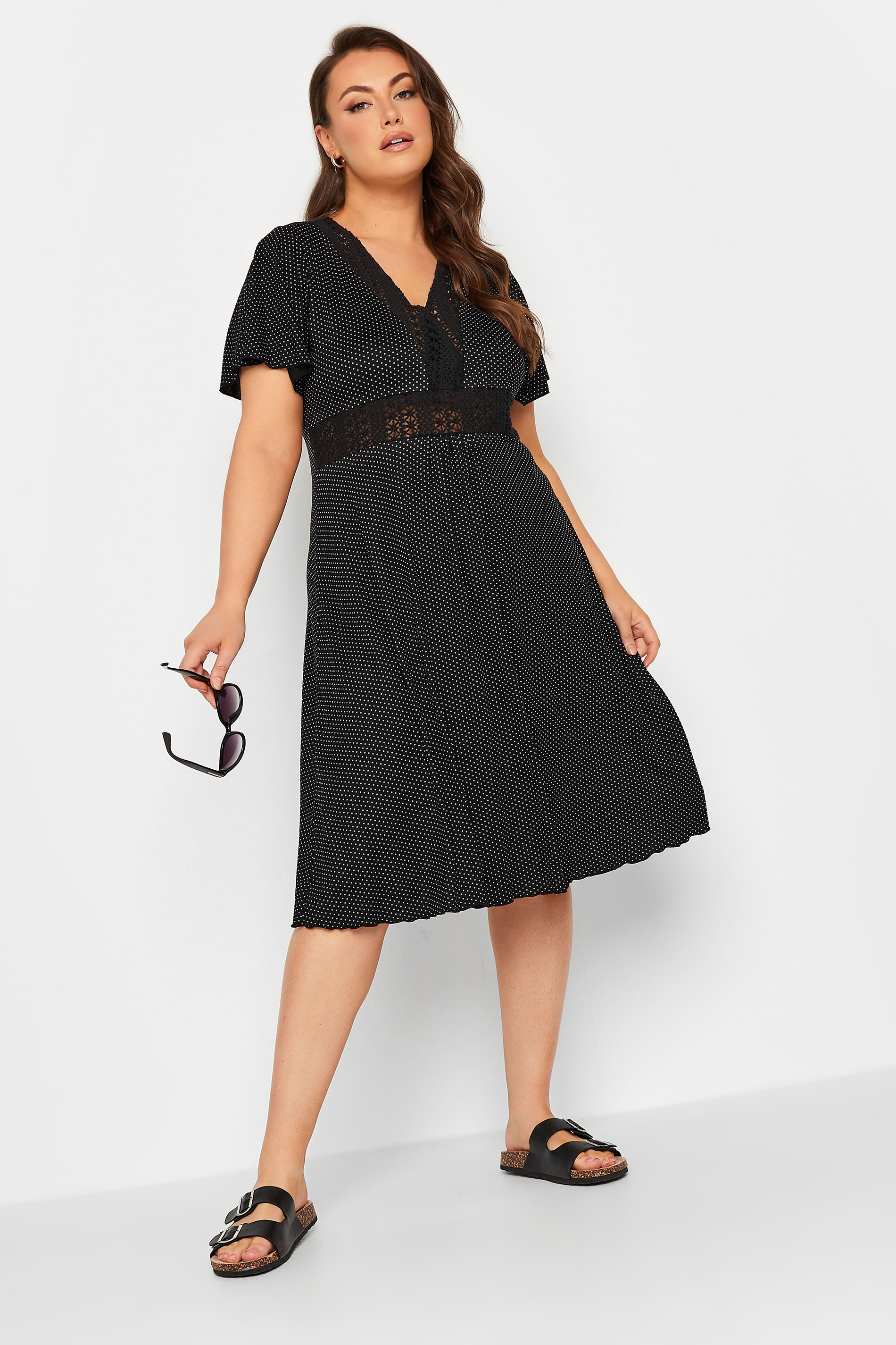 YOURS Plus Size Black Polka Dot Print Lace Detail Dress | Yours Clothing 1
