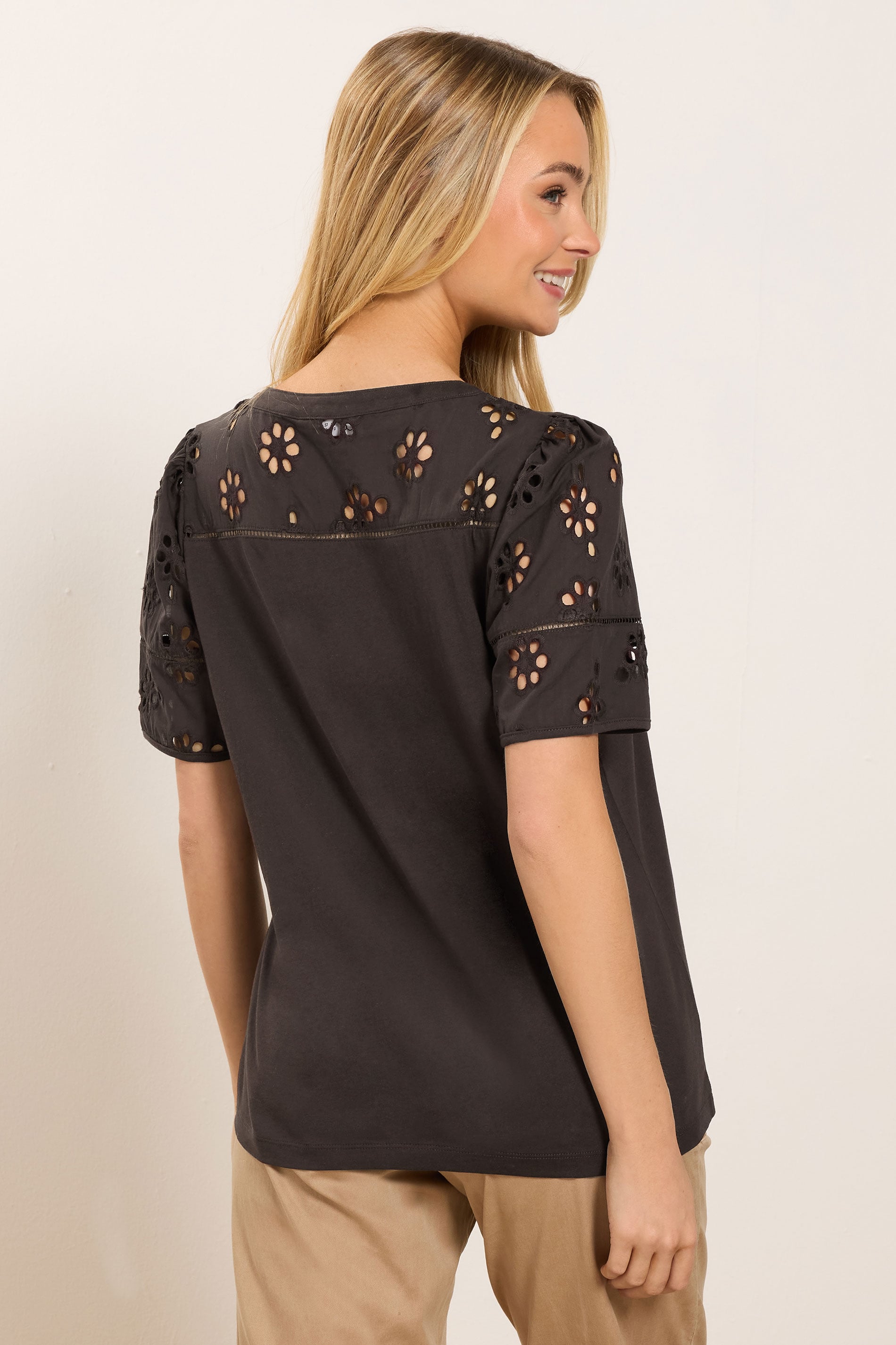 M&Co Chocolate Brown Broderie Cotton T-Shirt | M&Co 2