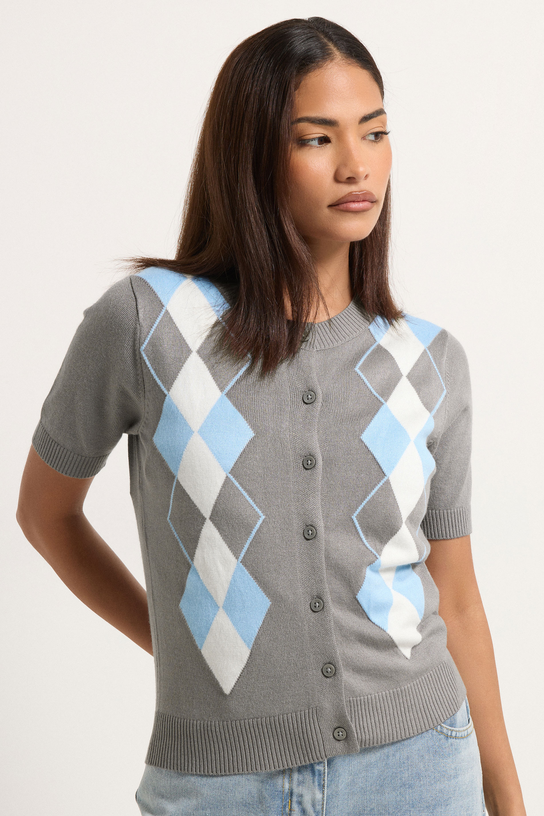 PixieGirl Petite Women's Grey Argyle Cardigan | PixieGirl 1