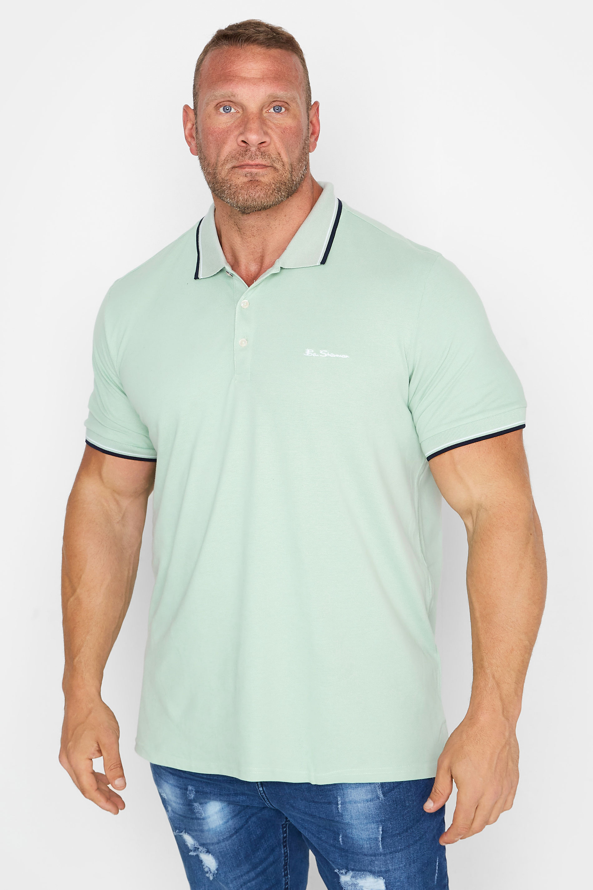 BEN SHERMAN Mint Green Tipped Polo Shirt | BadRhino 1