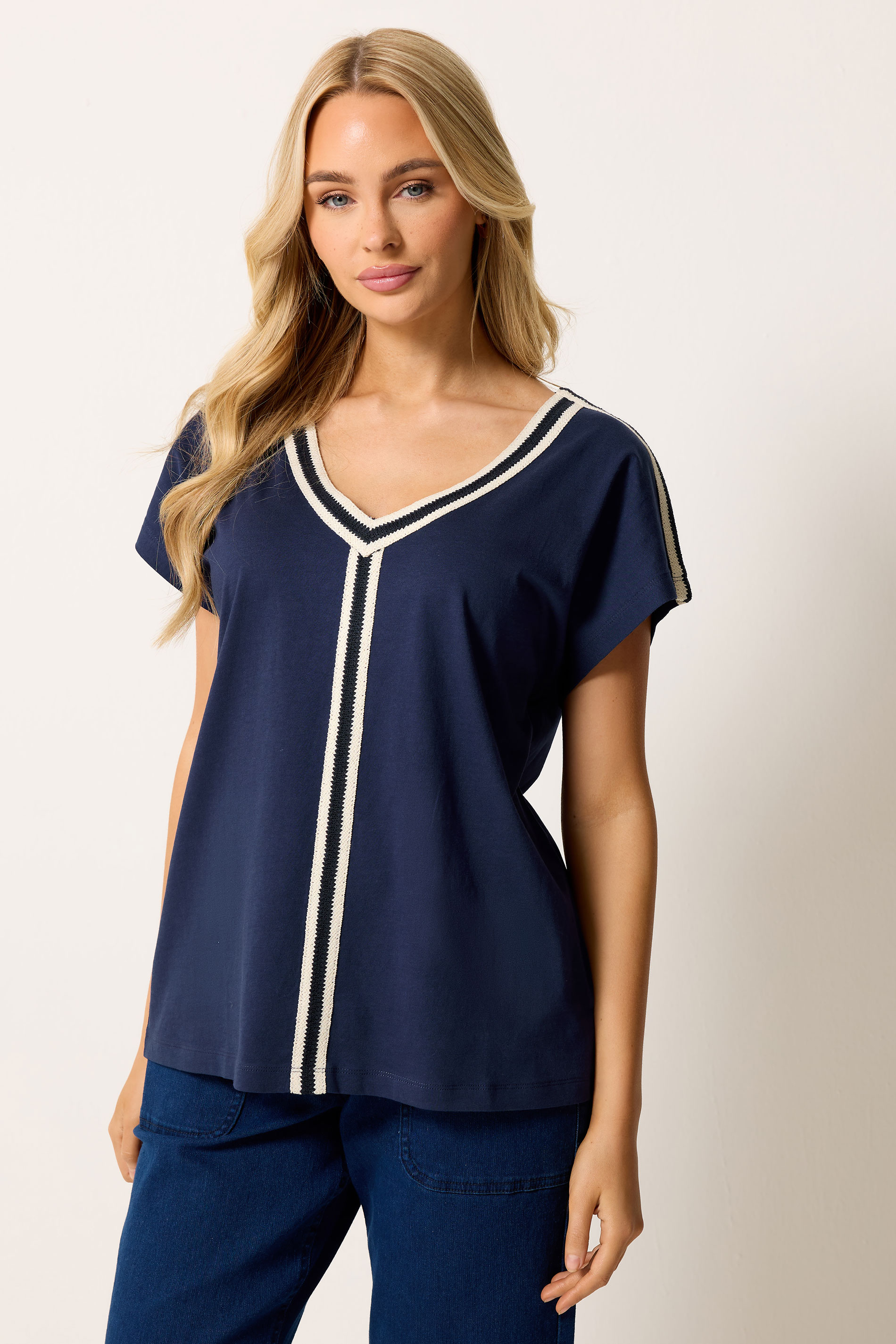 M&Co Navy Blue Contrast Trim Cotton Short Sleeve T-Shirt | M&Co 3