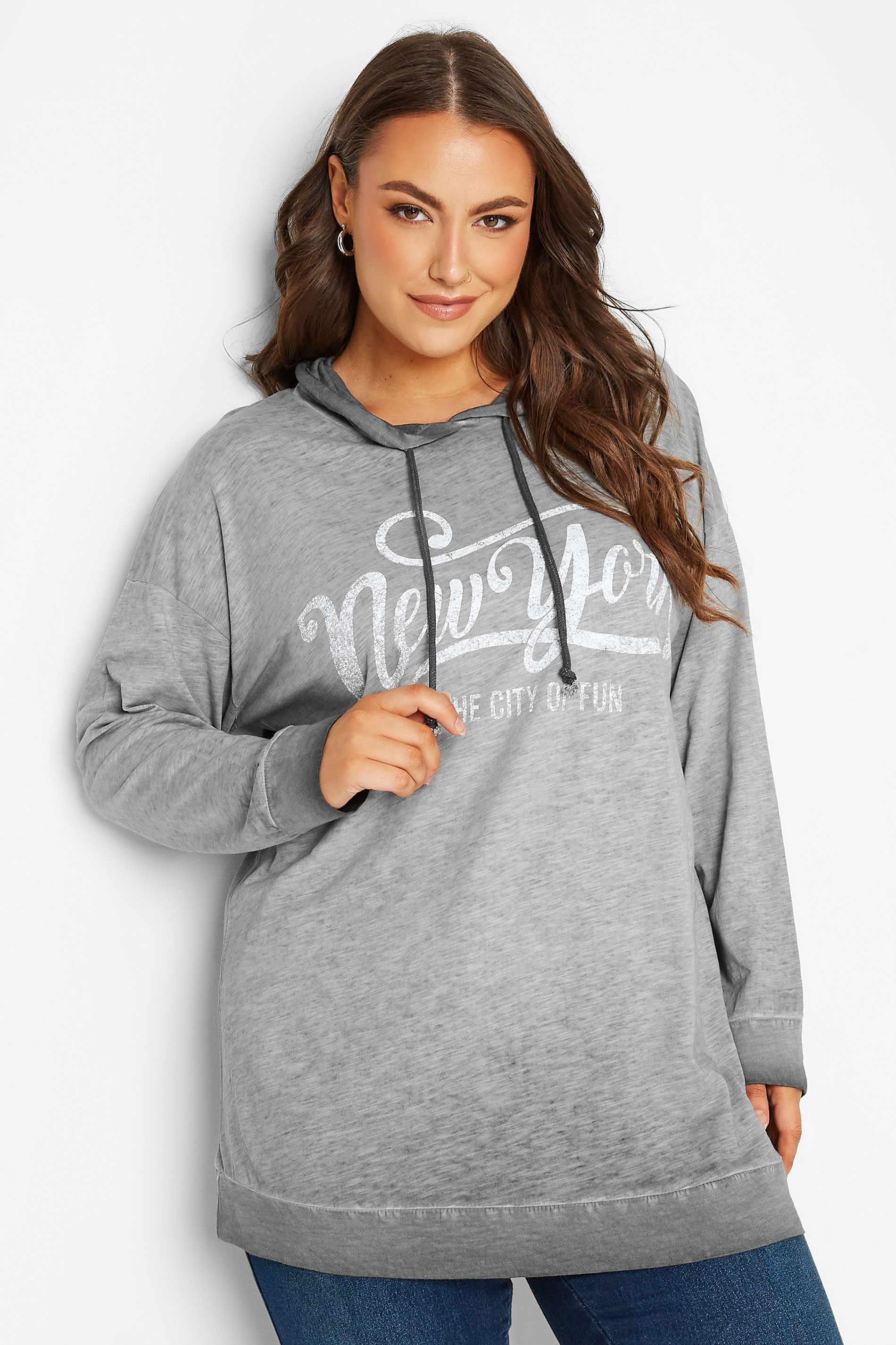 Curve Plus-Size Grey 'New York' Slogan Hoodie | Yours Clothing 1