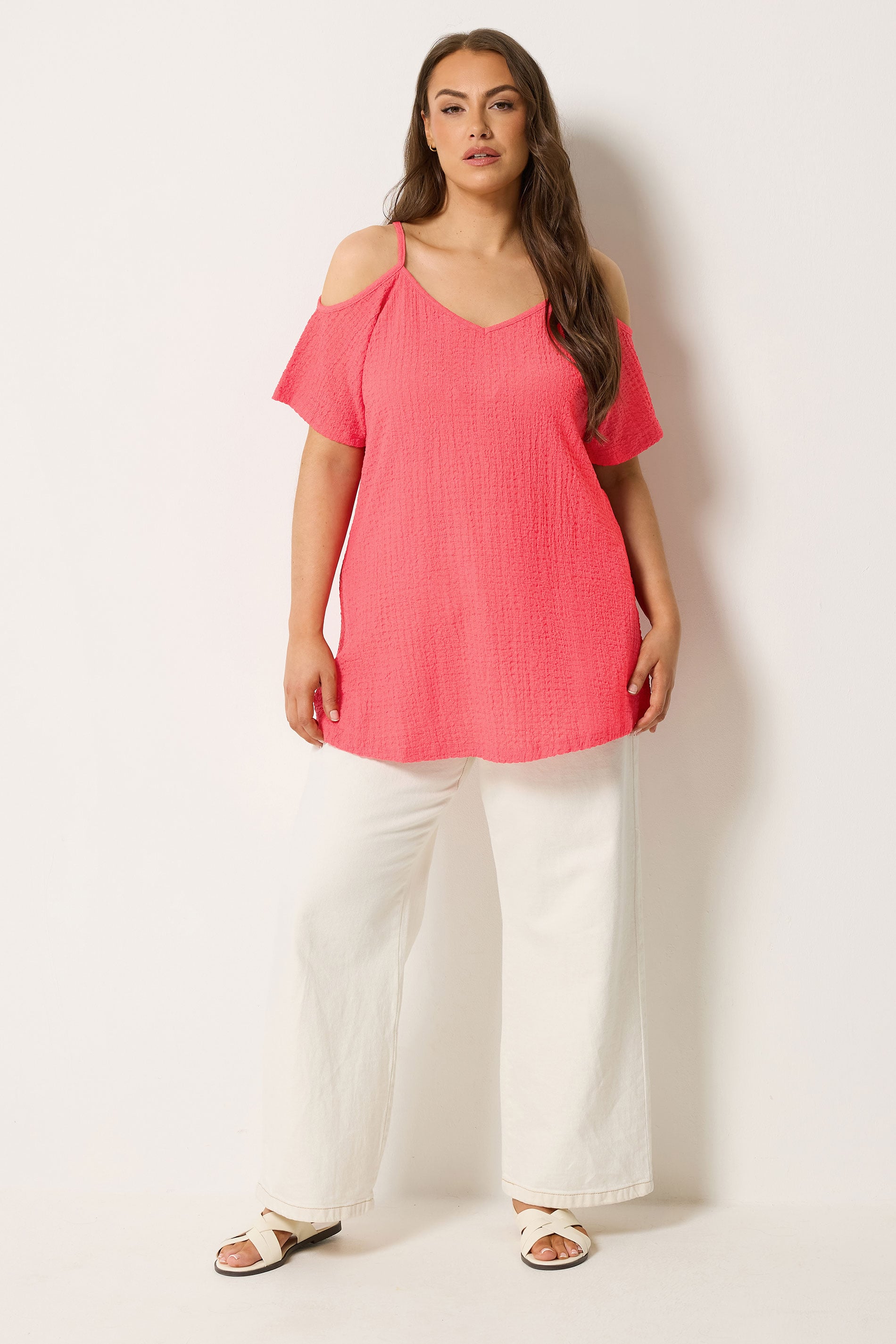 YOURS Plus Size Pink Textured Cold Shoulder Top | Yours Clothing 1