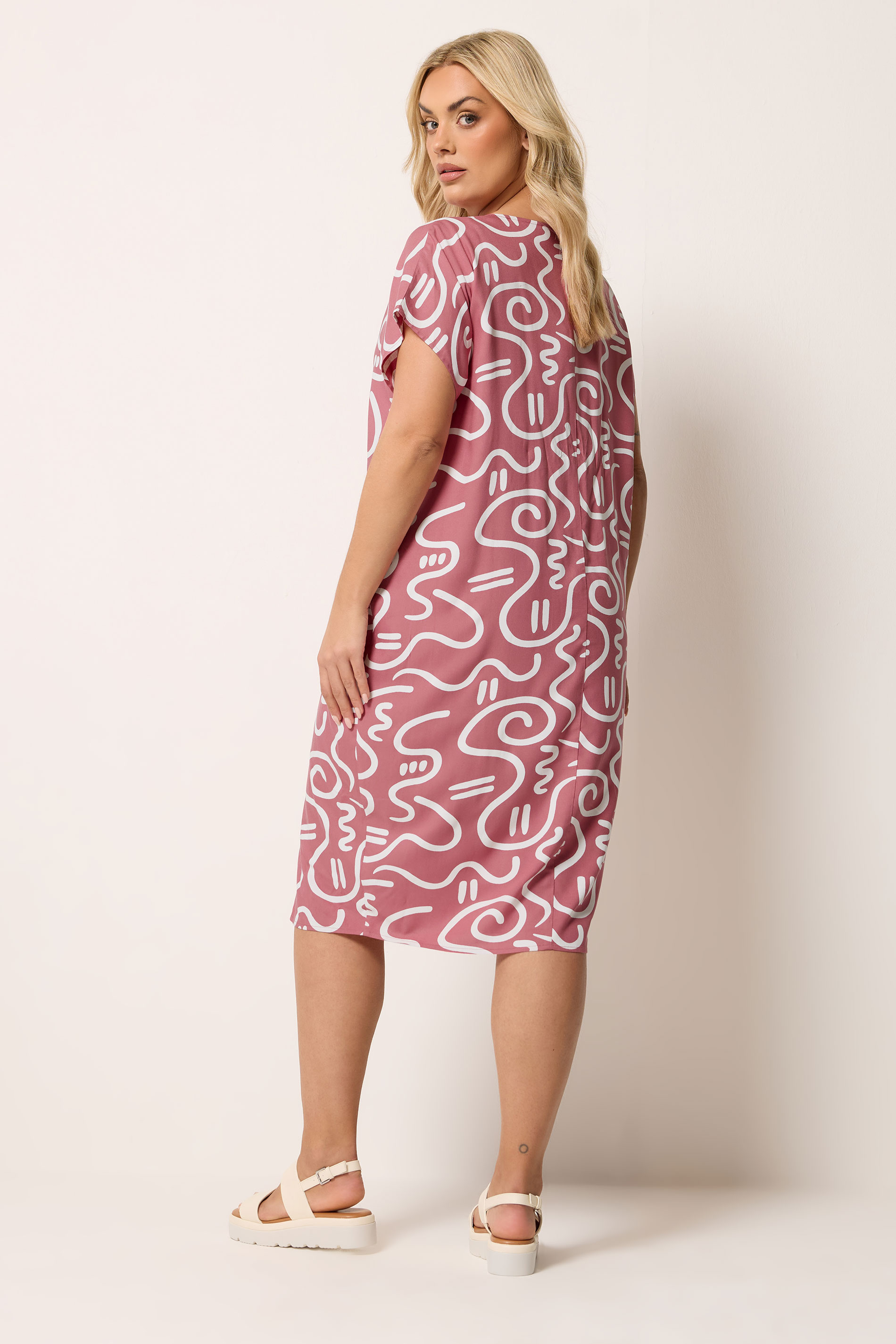 YOURS Plus Size Pink Abstract Print Pleat Front Midi Dress | Yours Clothing 2