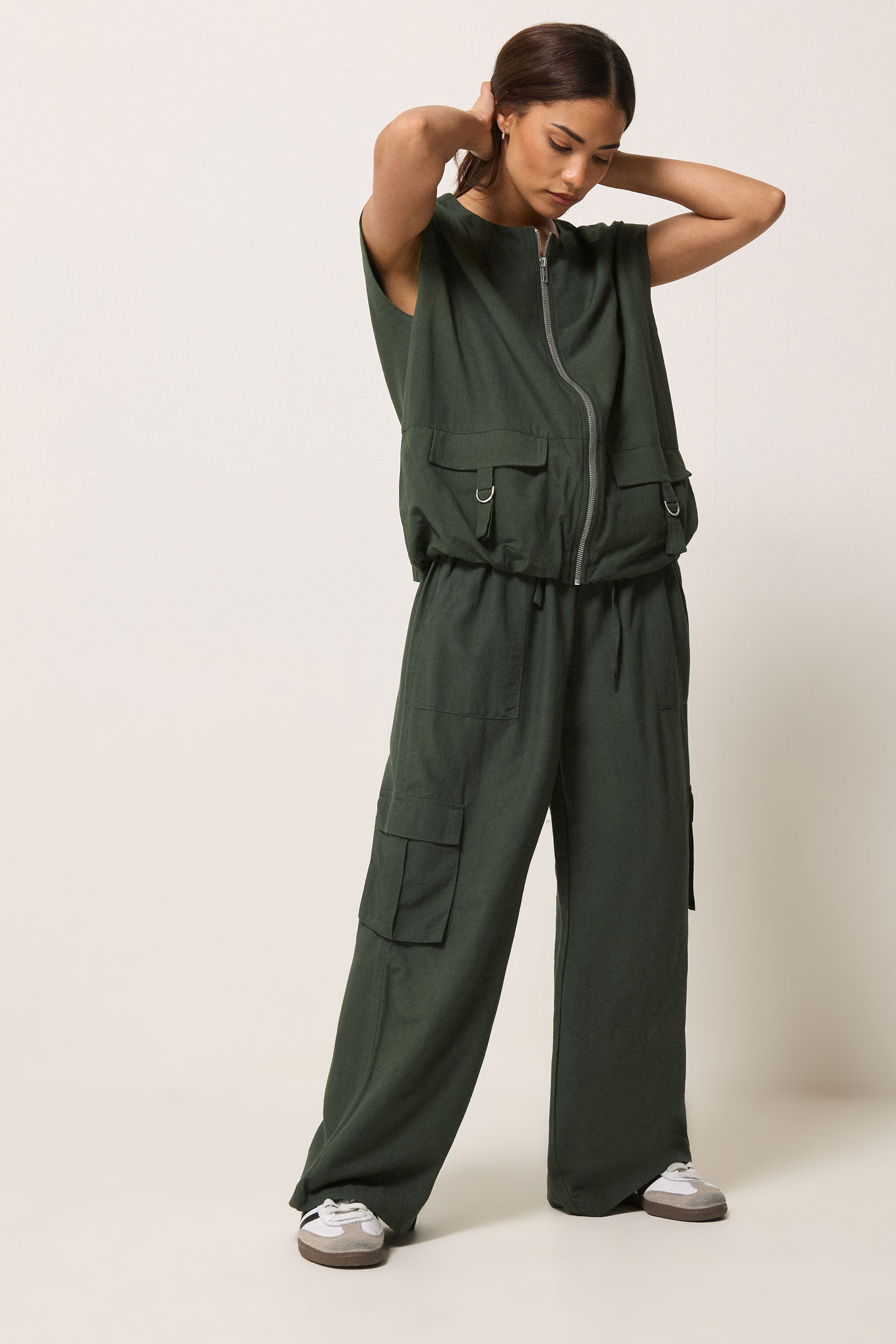PixieGirl Petite Women's Khaki Green Cotton Cargo Wide Leg Trousers | PixieGirl 1