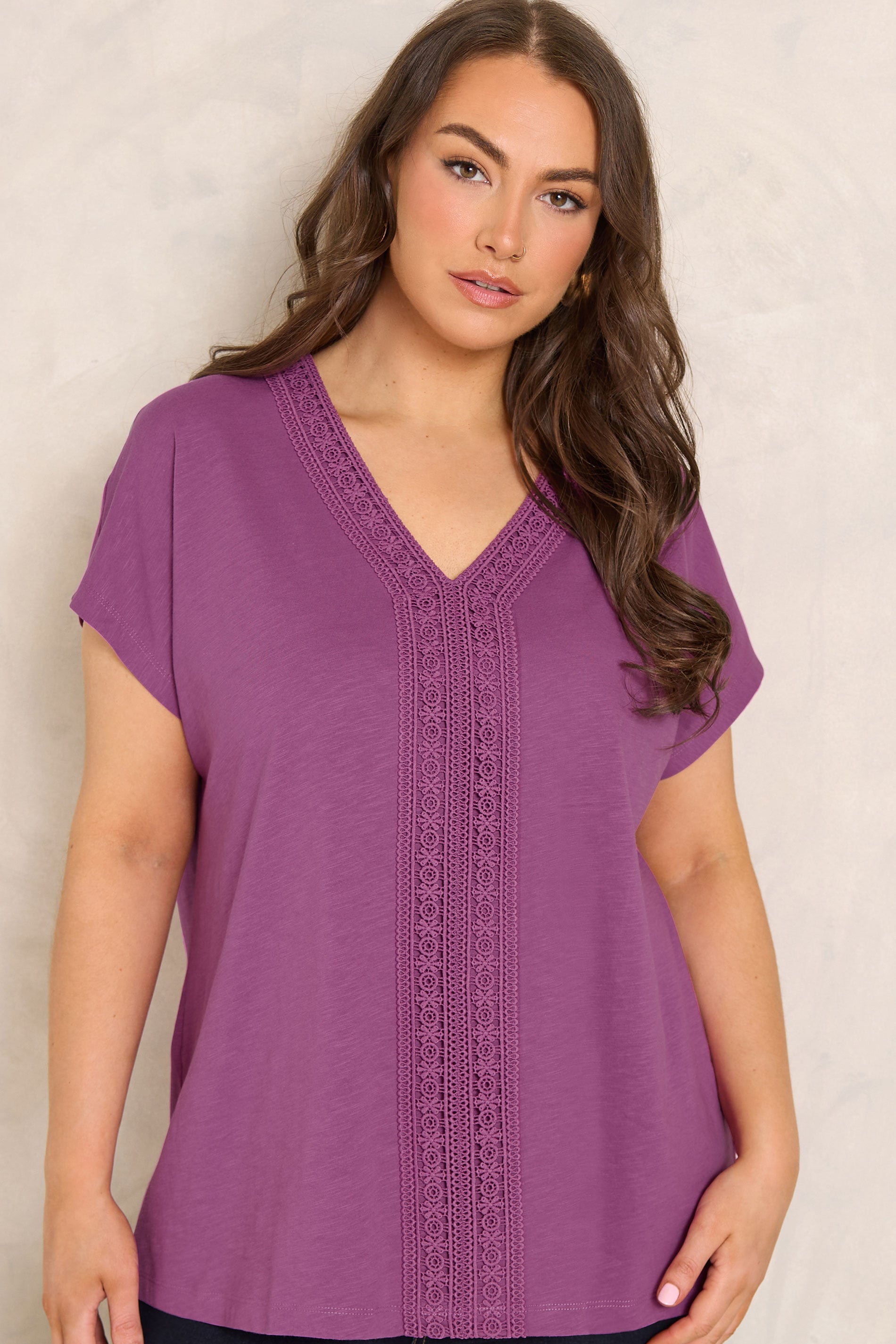 EVANS Plus Size Magenta Pink Cotton Crochet Trim Tee | Evans 3
