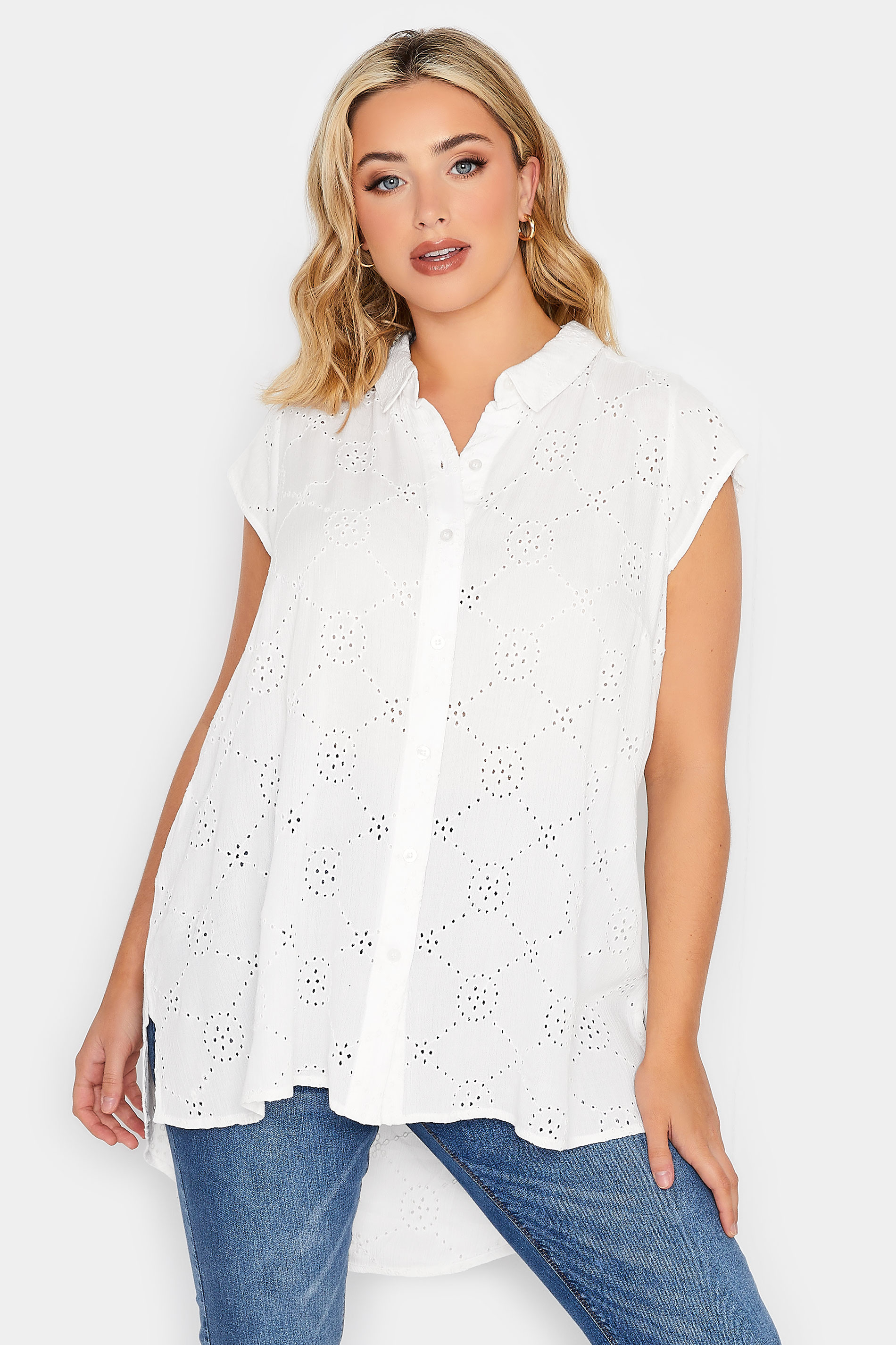 YOURS Plus Size White Broderie Anglaise Sleeveless Blouse | Yours Clothing 1