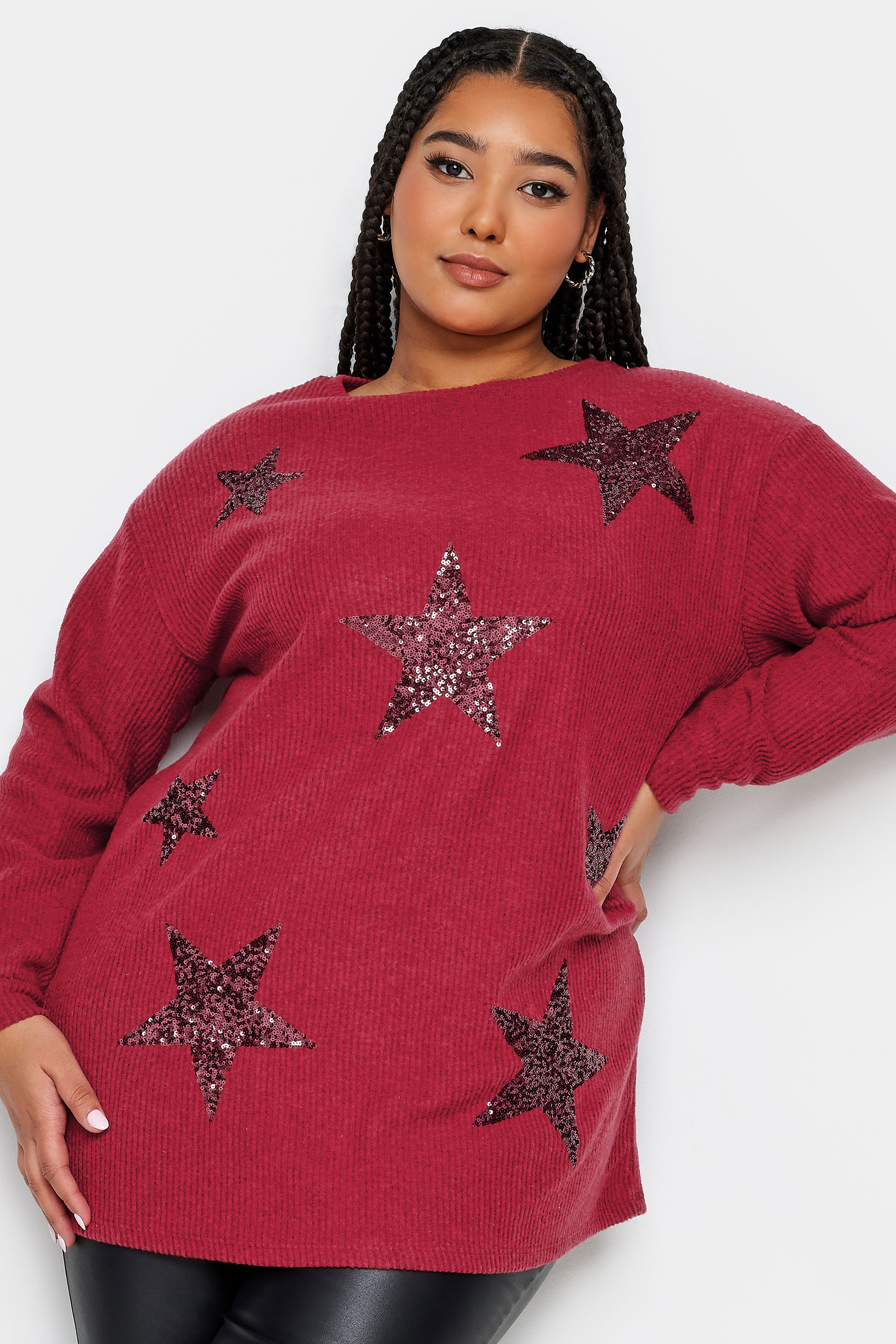 YOURS Plus Size Red Sequin Star Soft Touch Top | Yours Clothing 1