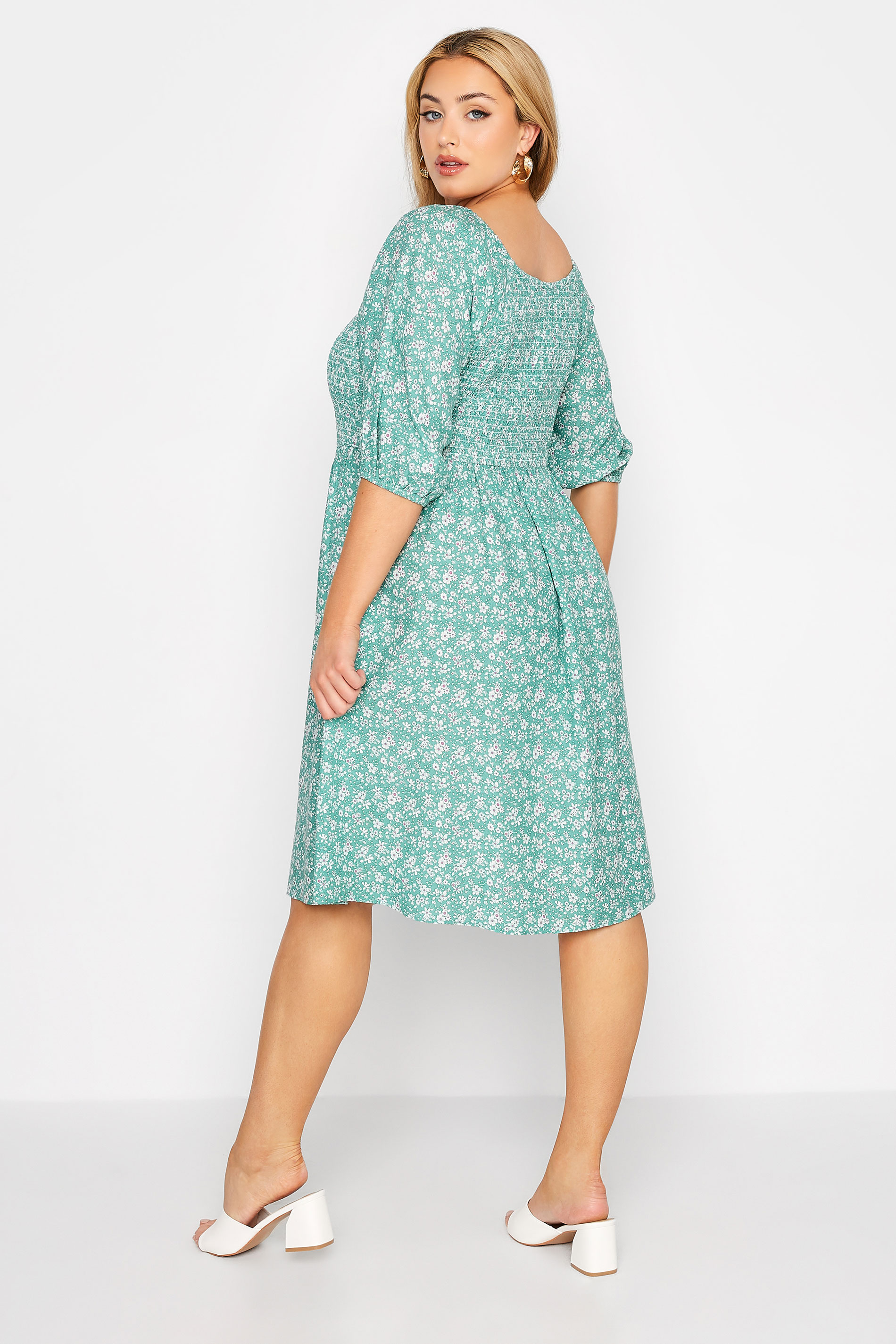 Plus Size Sage Green Ditsy Shirred Balloon Sleeve Midi Dress | Yours Clothing 3