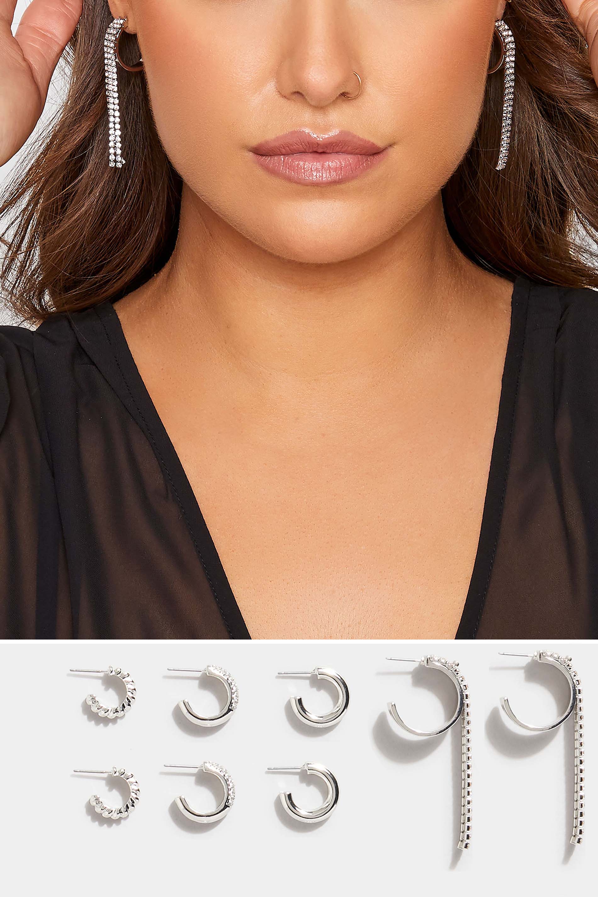 4 PACK Silver Tone Assorted Diamante Hoop Earrings | Yours Clothing 1