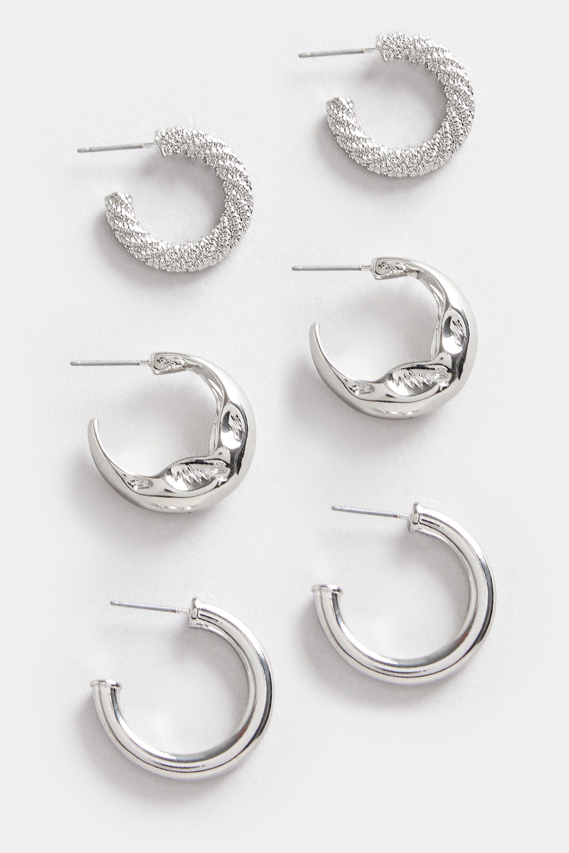 3 PACK Silver Tone Textured Hoop Earrings Set | Yours Clothing 3